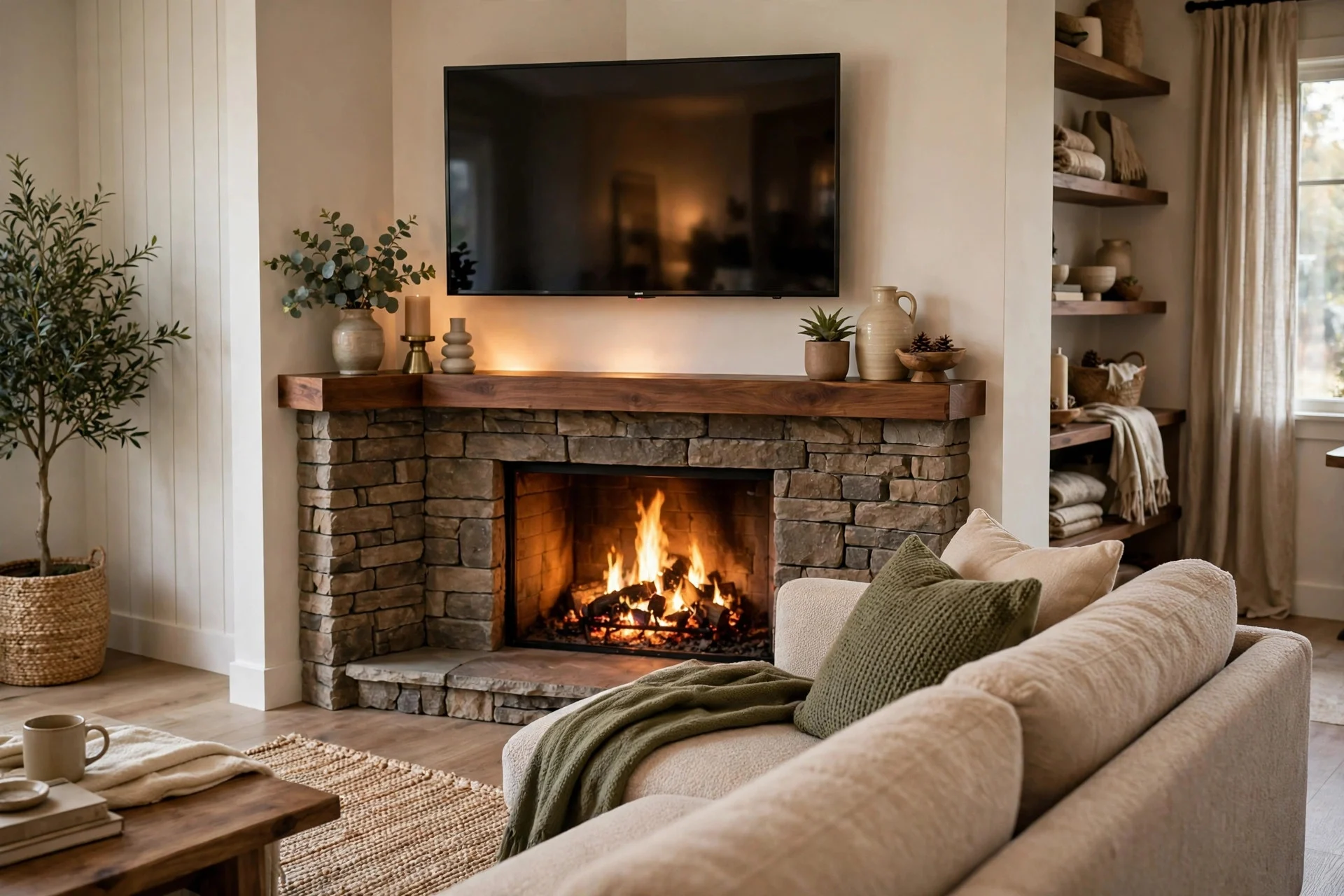 Television mounted above the wooden mantel of a corner fireplace
