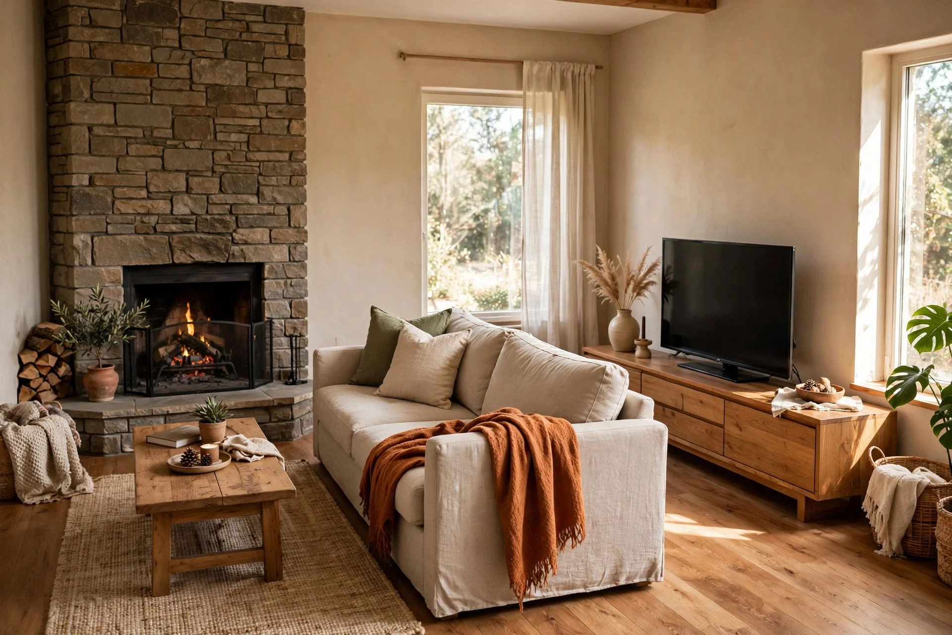 TV console on the living room wall opposite a corner fireplace