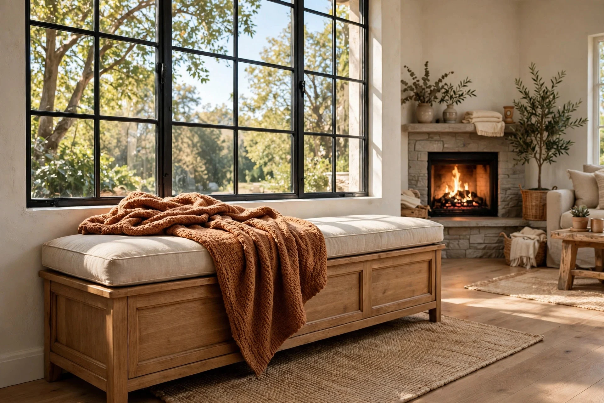 Cushioned storage bench under a window near a corner fireplace