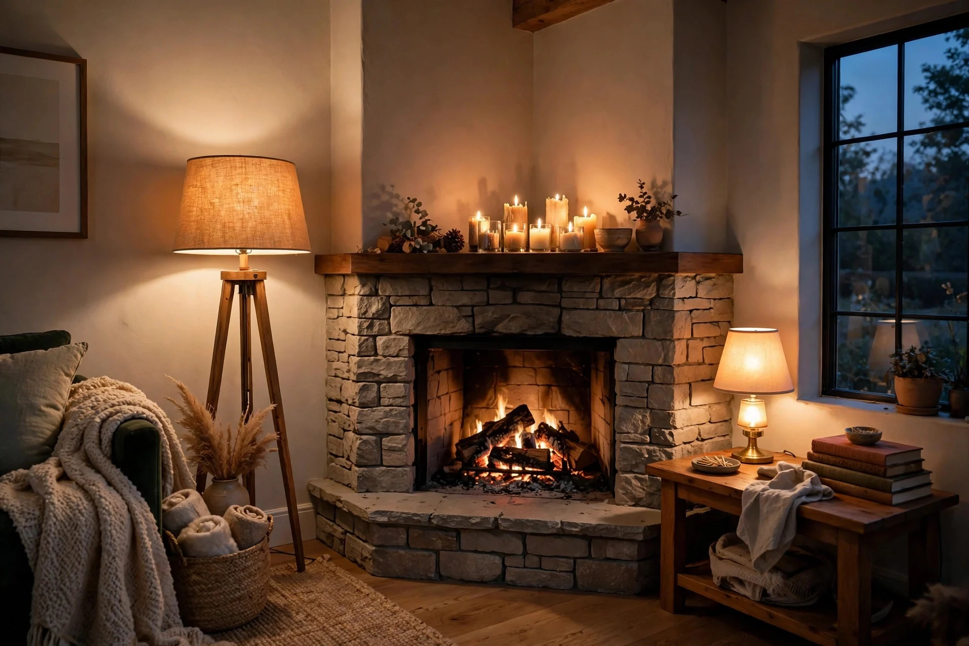 Warm layered lamplight glowing around a corner fireplace at dusk