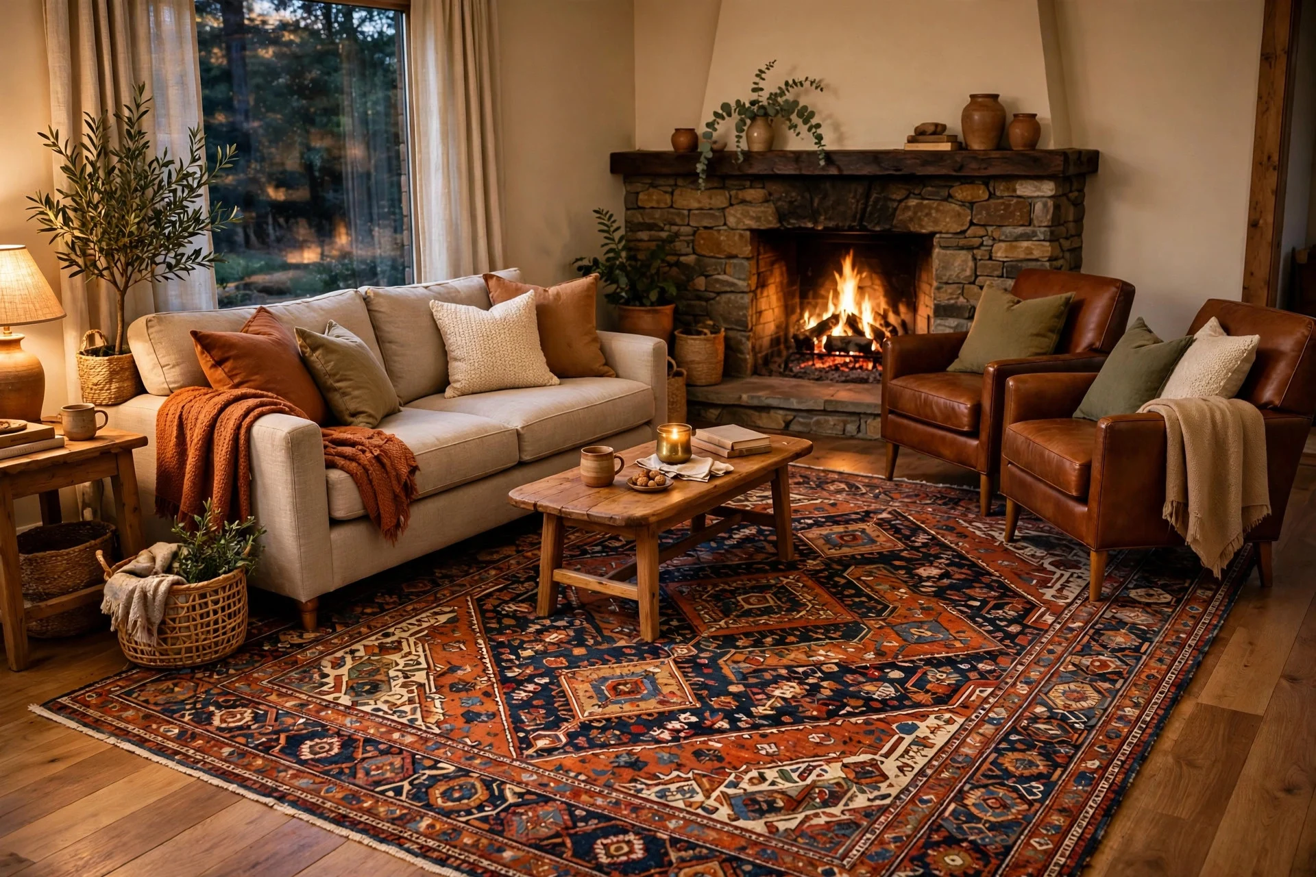 Large patterned area rug anchoring seating toward a corner fireplace