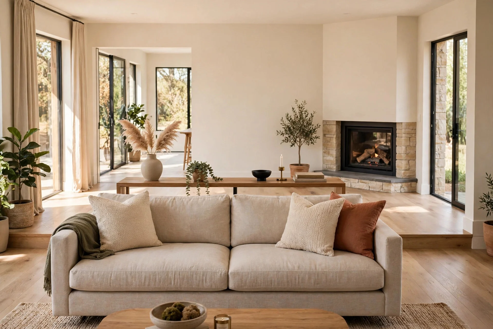 Clear walkway behind a sofa facing a corner fireplace
