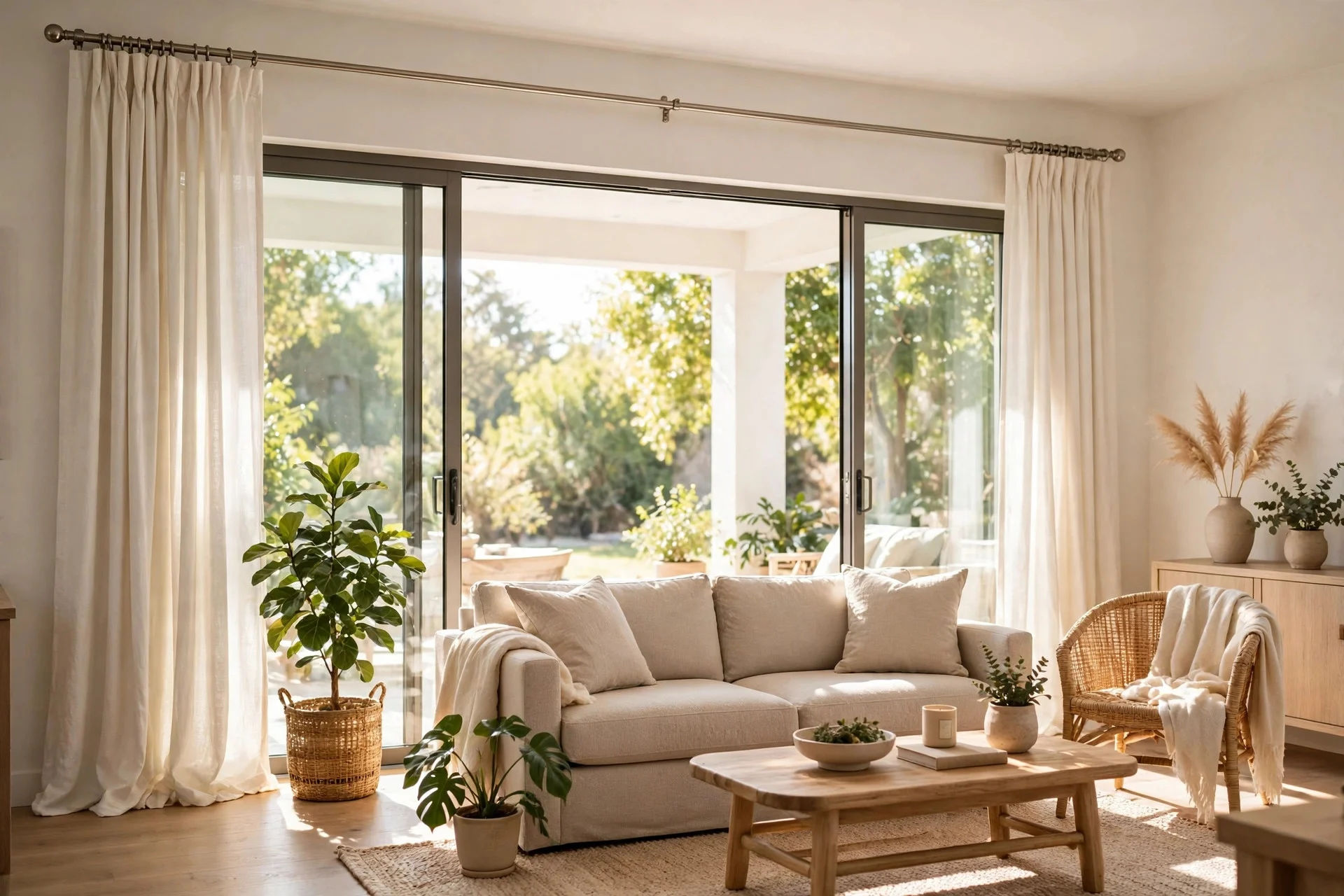 Warm living room with linen curtains framing sliding glass doors