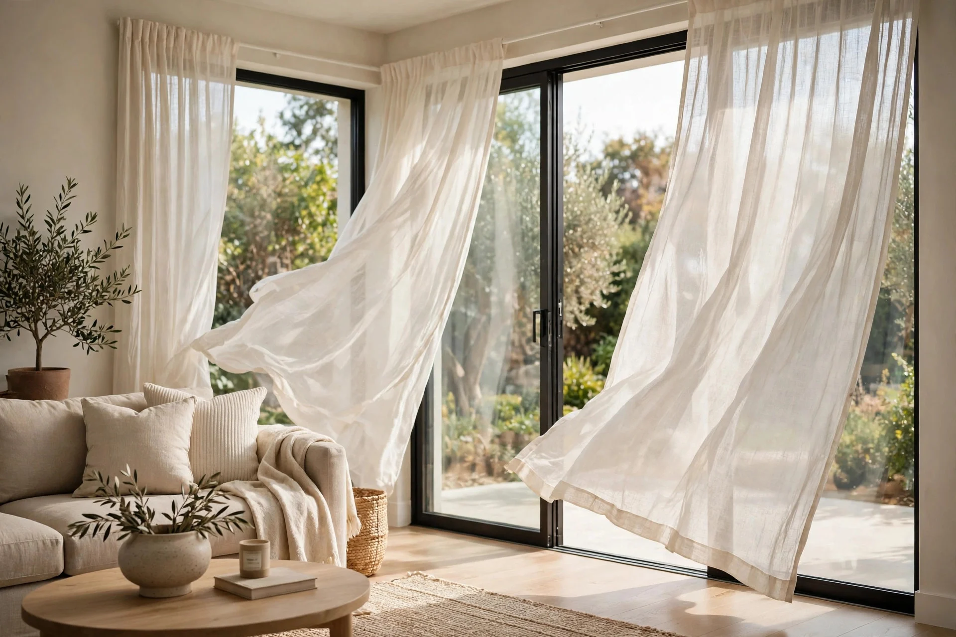 Sheer ivory linen curtain panels filtering daylight on a living room sliding glass door