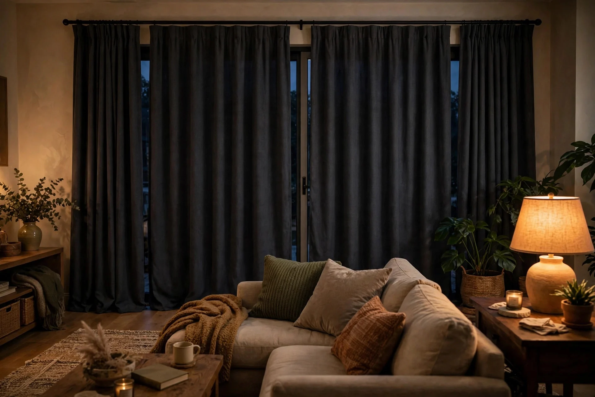 Charcoal blackout curtains drawn over sliding glass doors in a cozy evening living room