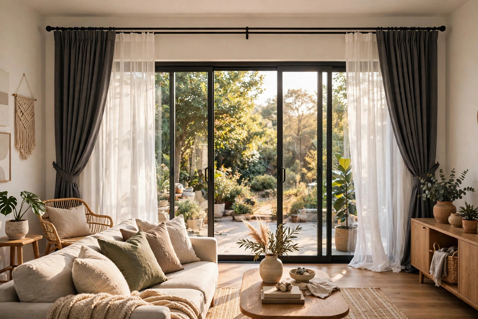 Layered white sheer and grey blackout curtains on a double rod over sliding doors