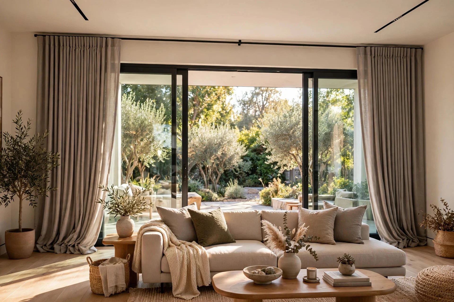 Grey ripplefold wave-heading curtains gliding on a ceiling track over sliding glass doors