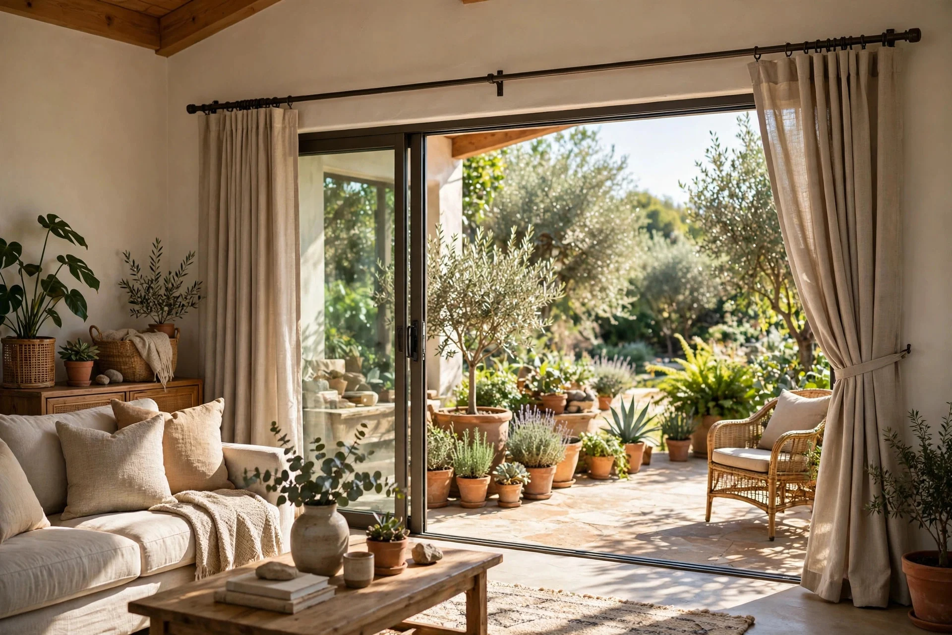 Beige weatherproof curtains on sliding glass doors opening from a living room to patio