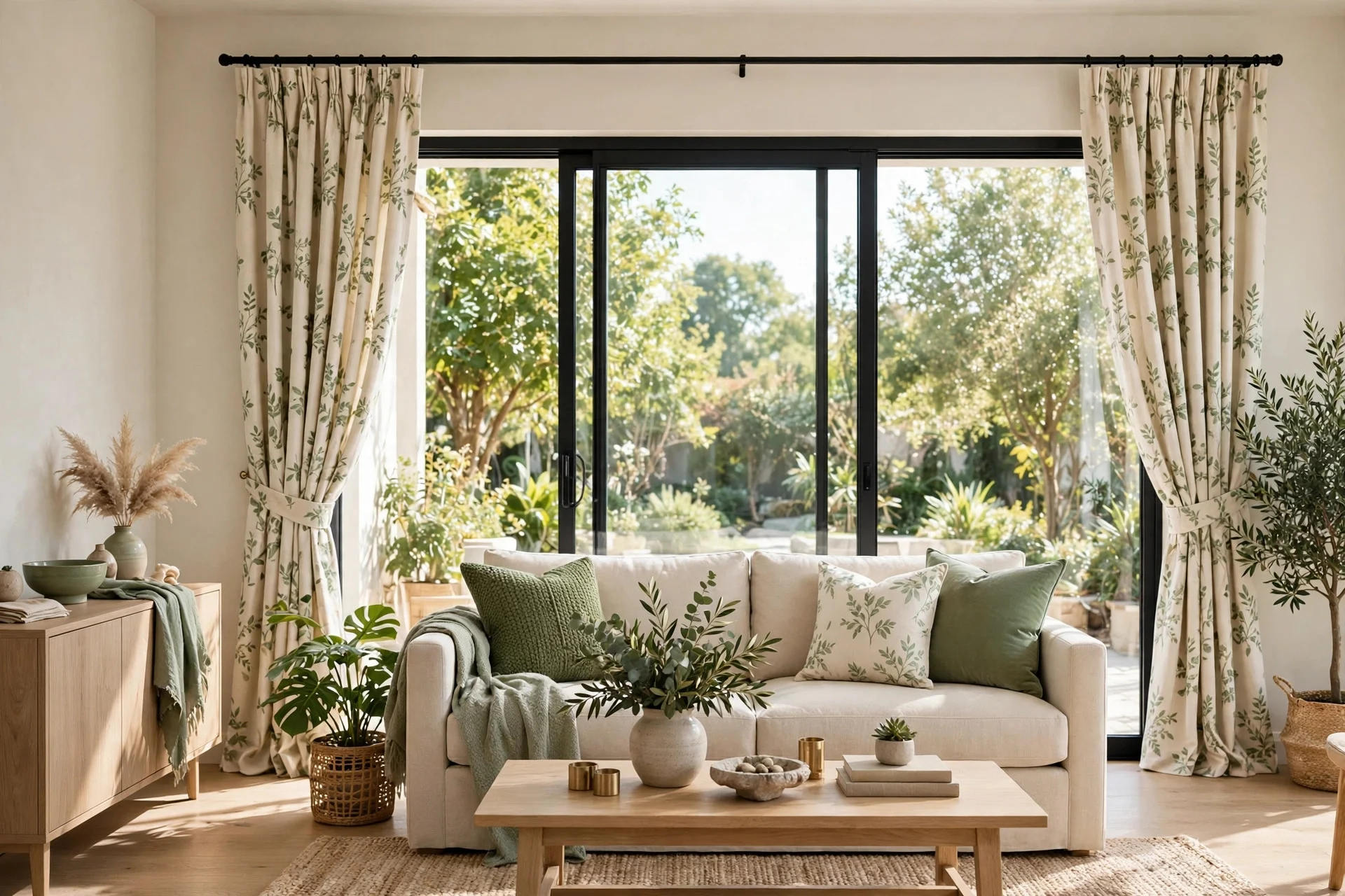Cream curtains with green botanical print dressing sliding glass doors in a living room