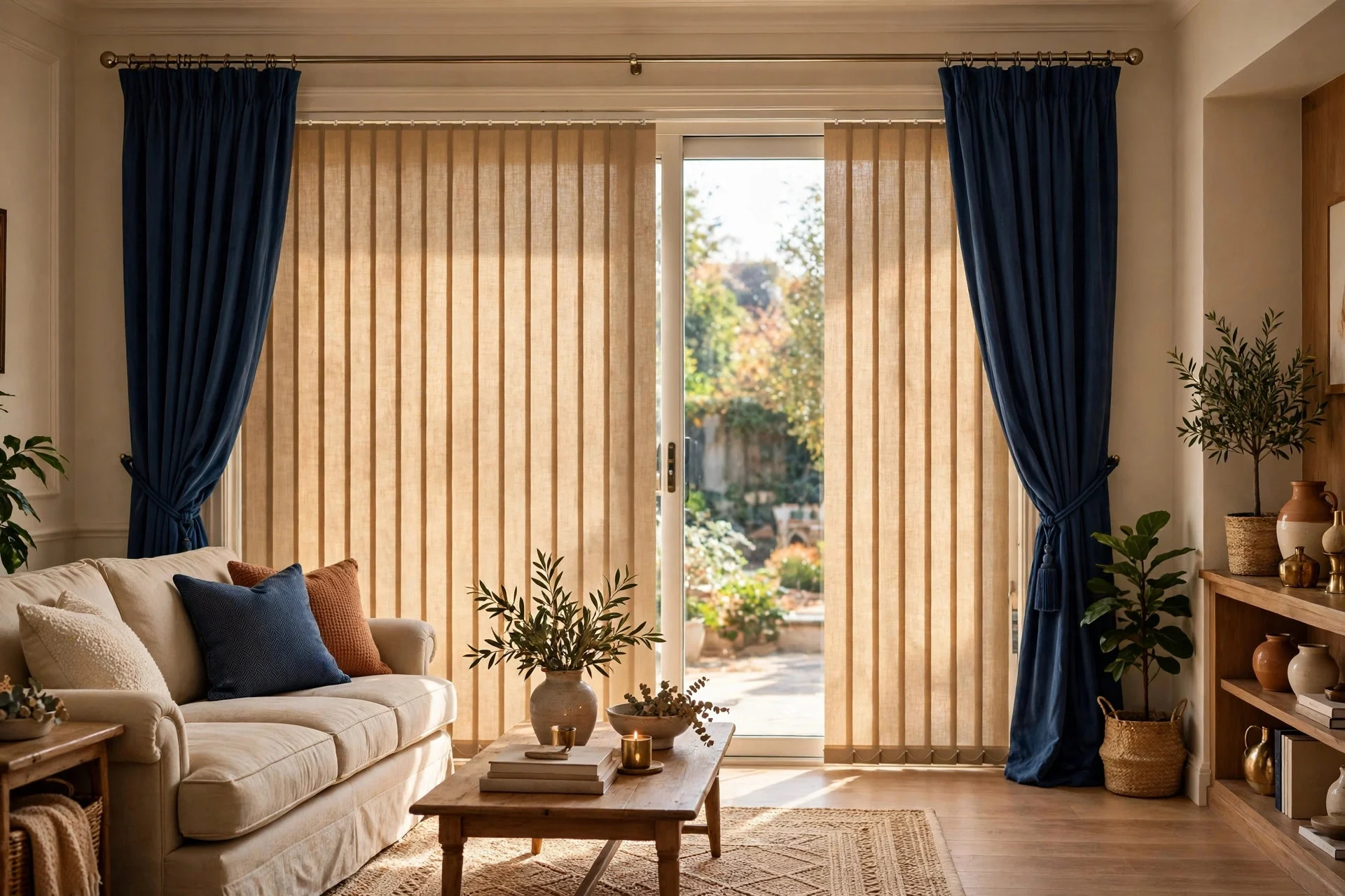 Navy drapery side panels framing beige vertical shades on a living room sliding door