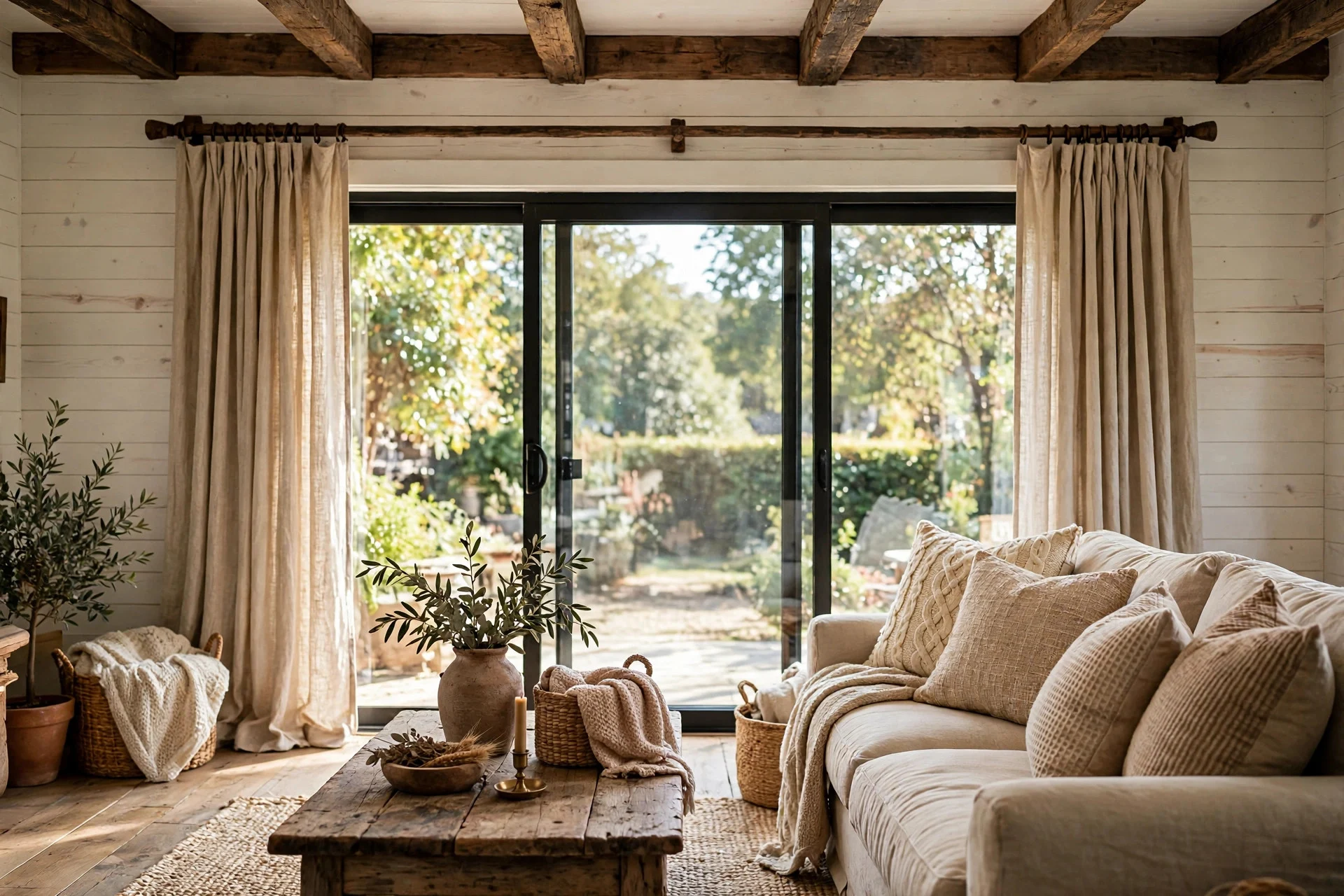Oatmeal back-tab linen curtains on a chunky wood rod over farmhouse sliding glass doors