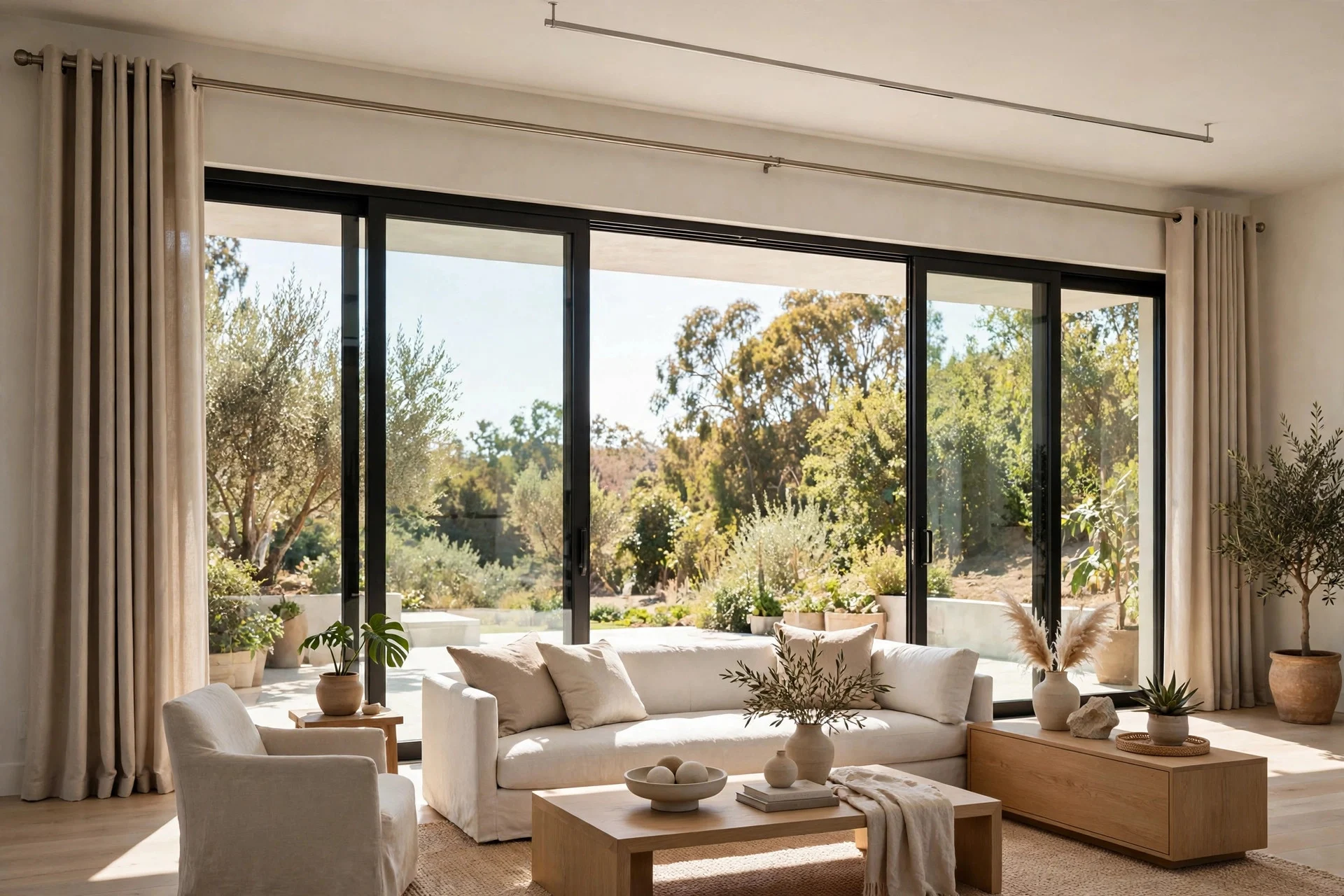 Greige grommet-top curtain panels on a metal rod over living room sliding glass doors
