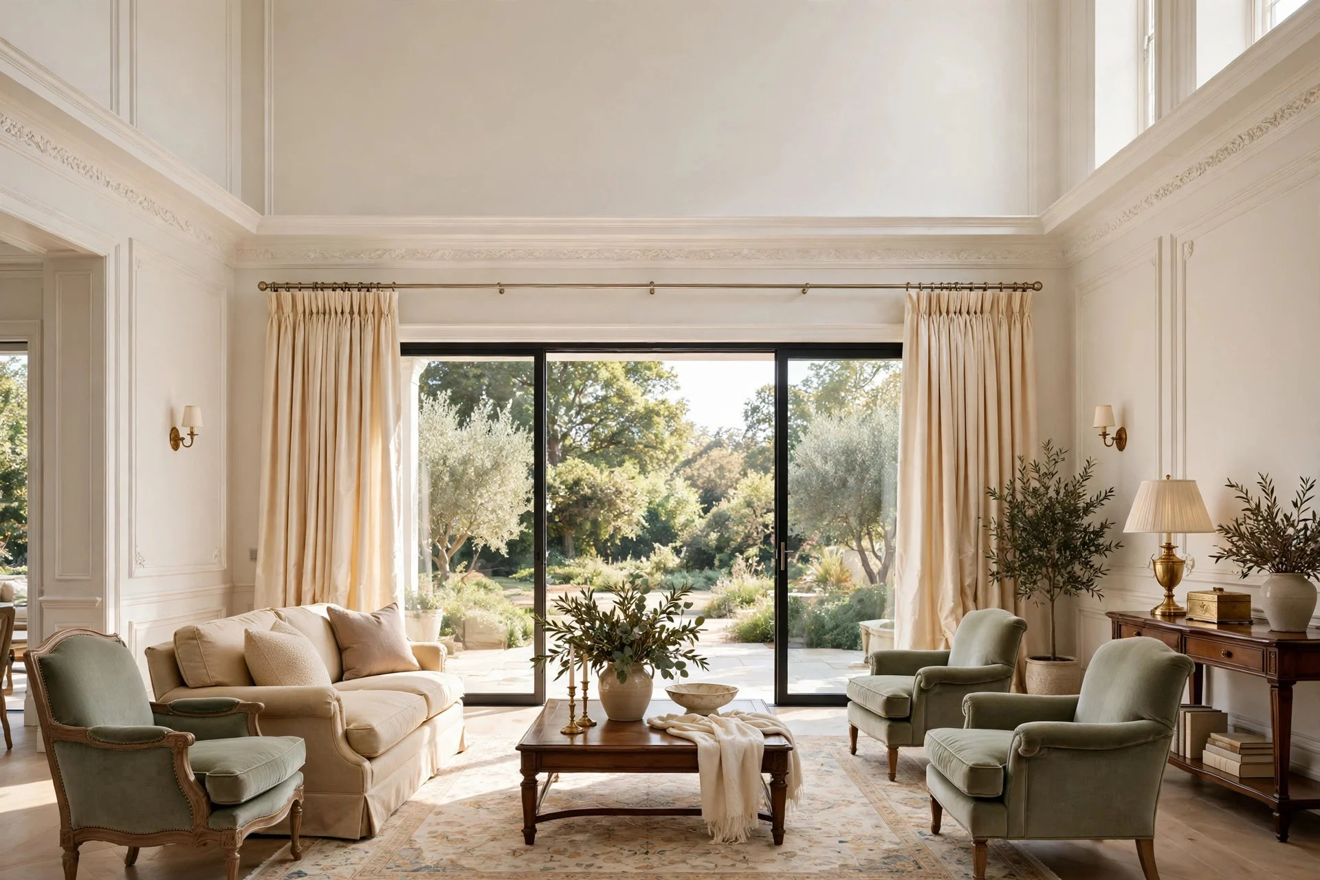 Ivory pinch-pleat drapes hanging from a ceiling-mounted track over elegant sliding glass doors