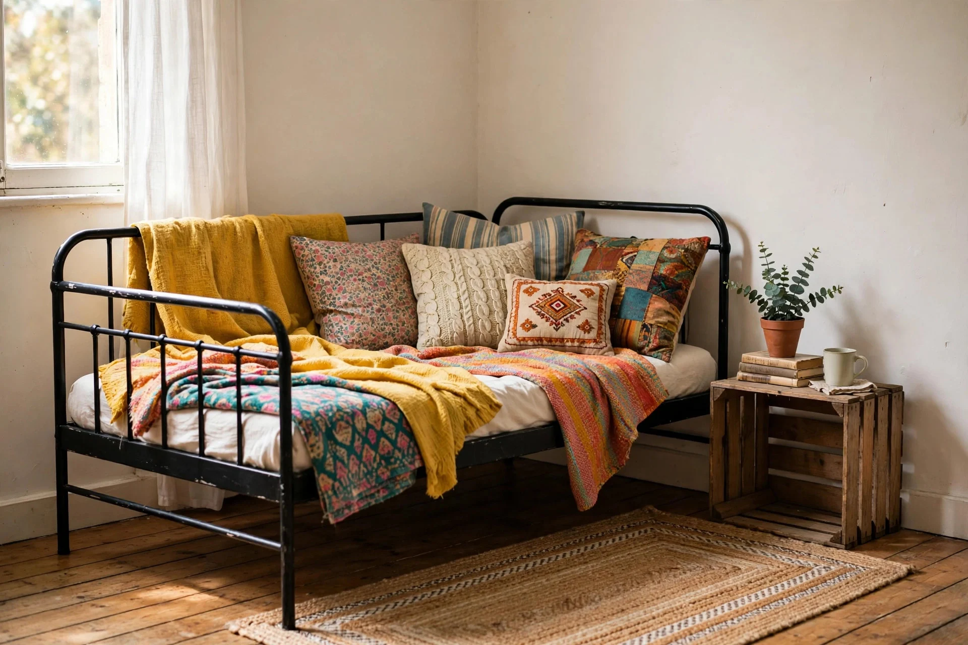 A black repainted metal daybed styled with colorful throws and pillows