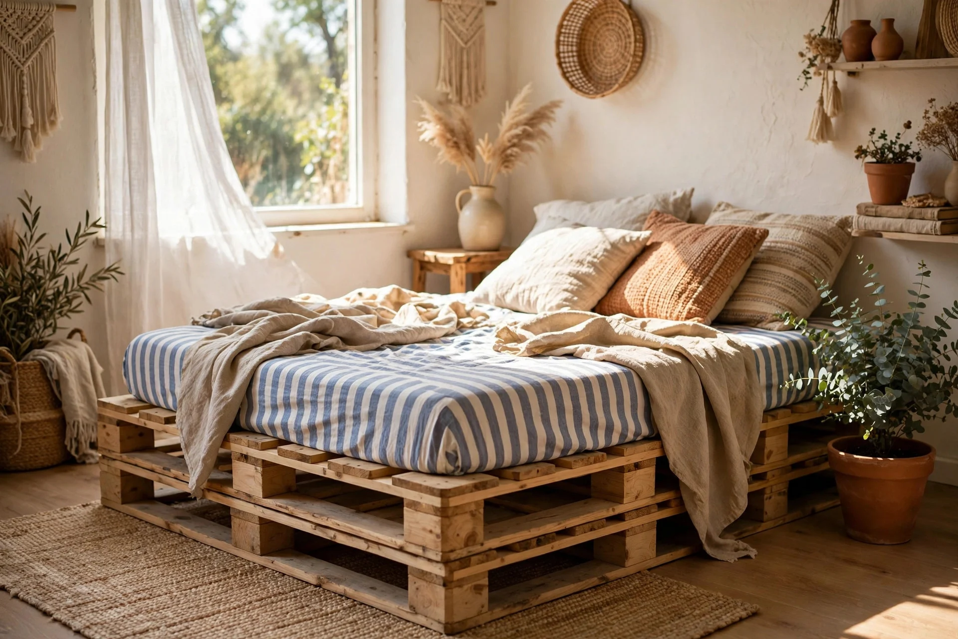 A DIY wooden pallet daybed with cushions and throw blankets in a sunny room