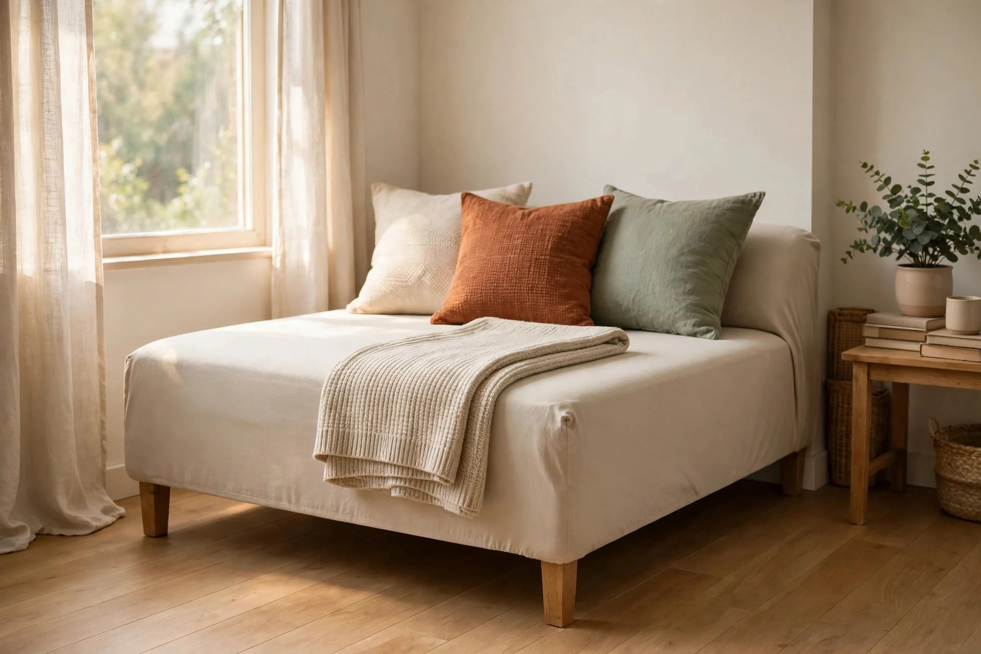 A daybed with a fresh neutral slipcover styled like a sofa with layered pillows