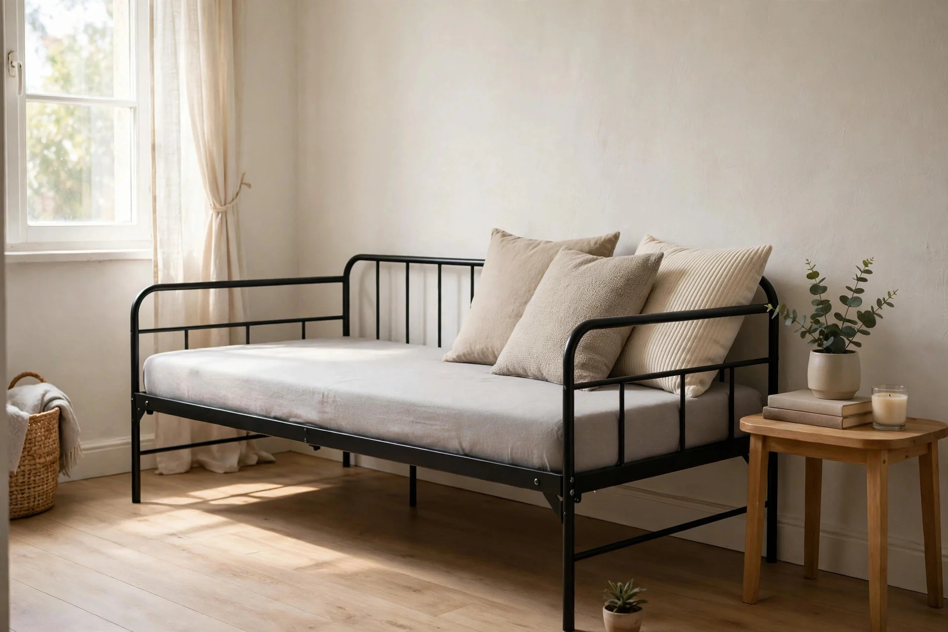 A simple black metal daybed with a gray mattress in a bright small living room