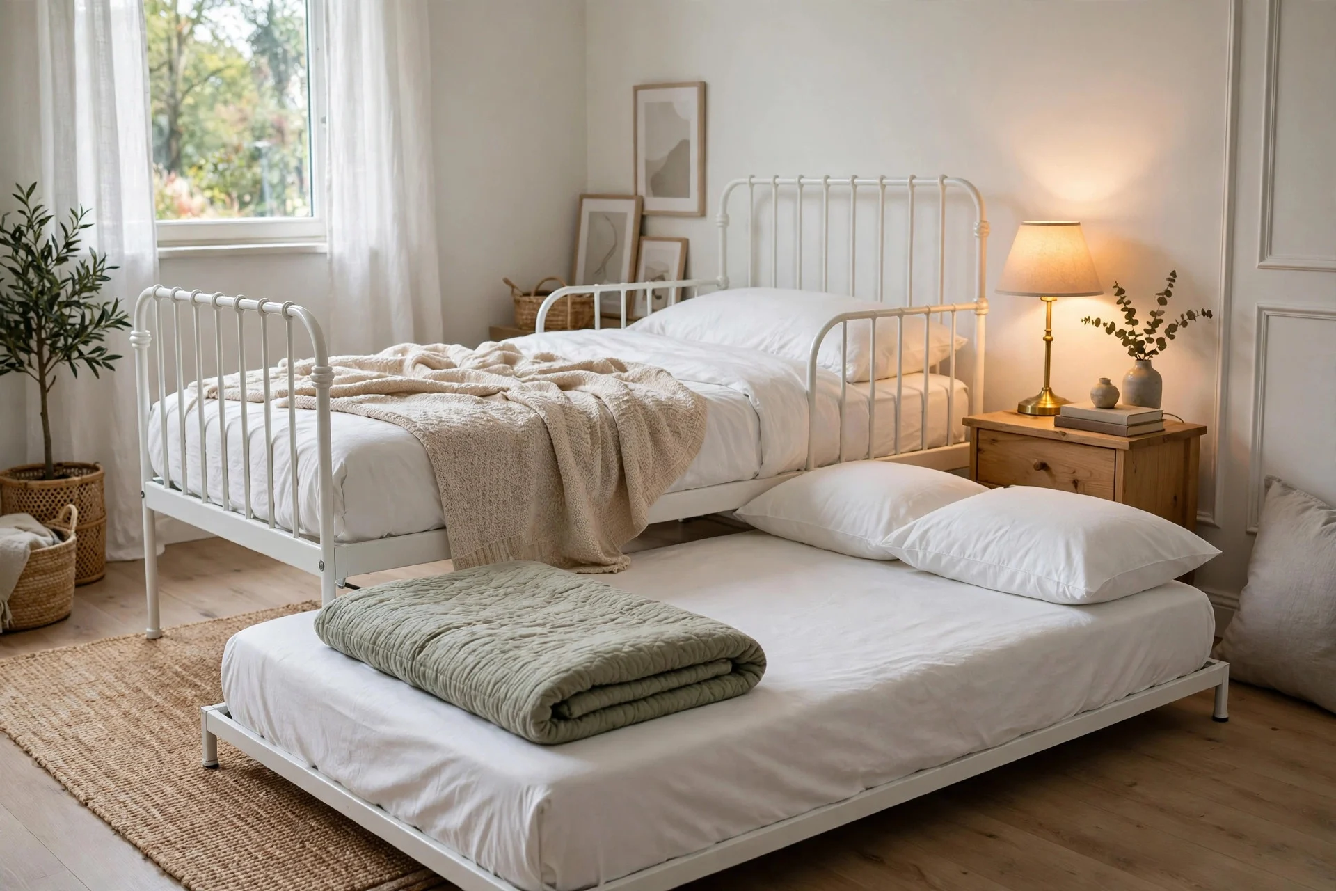 A white daybed with a popped-up trundle bed dressed for guests