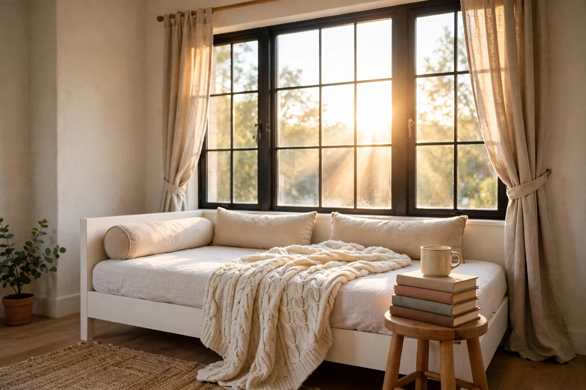 A daybed styled as a reading nook under a bright window with books and pillows