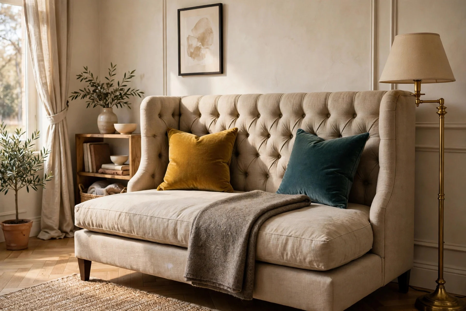 An elegant upholstered daybed with a tufted back in a styled living room