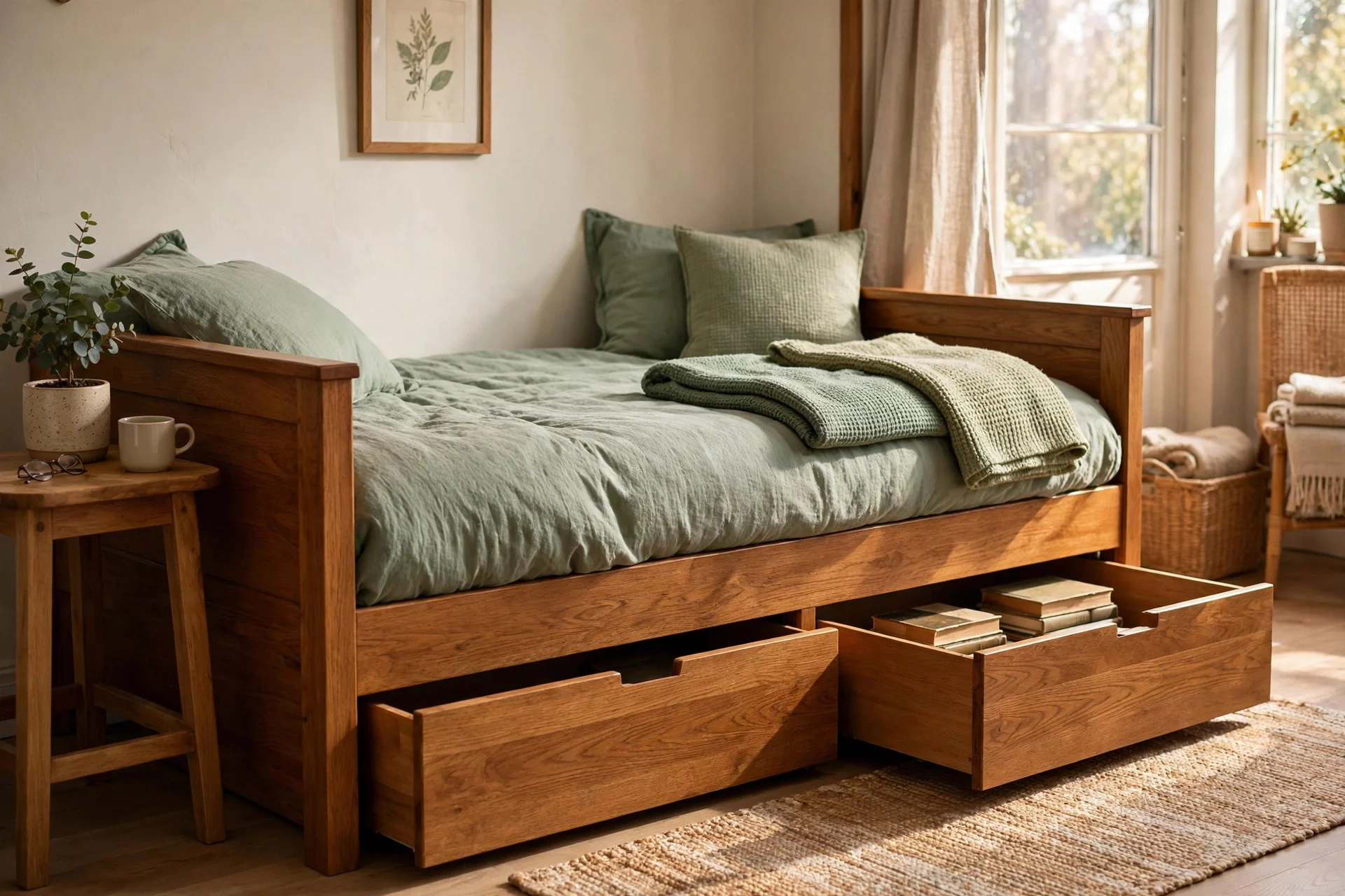 A wooden daybed with pull-out storage drawers in a cozy small living room