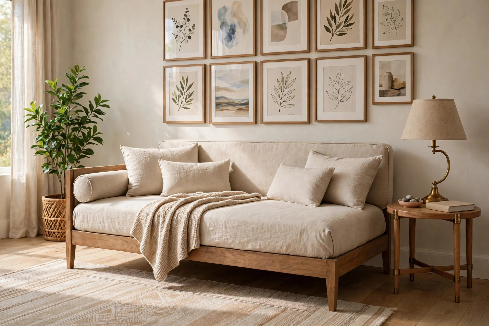 A premium daybed styled with a rug, side table, lamp, and gallery wall