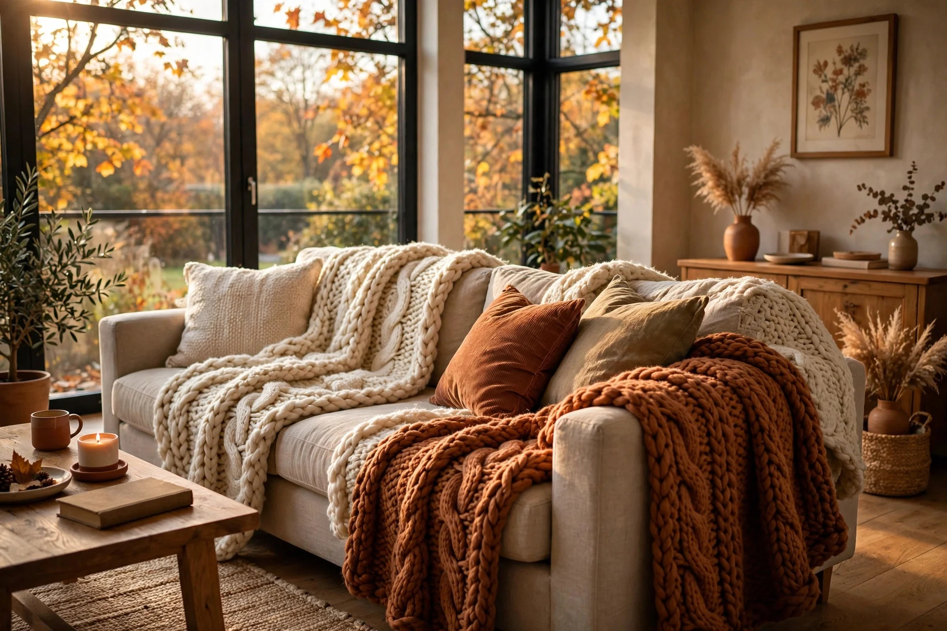 Cream and rust chunky knit throw blankets draped over a beige living room sofa