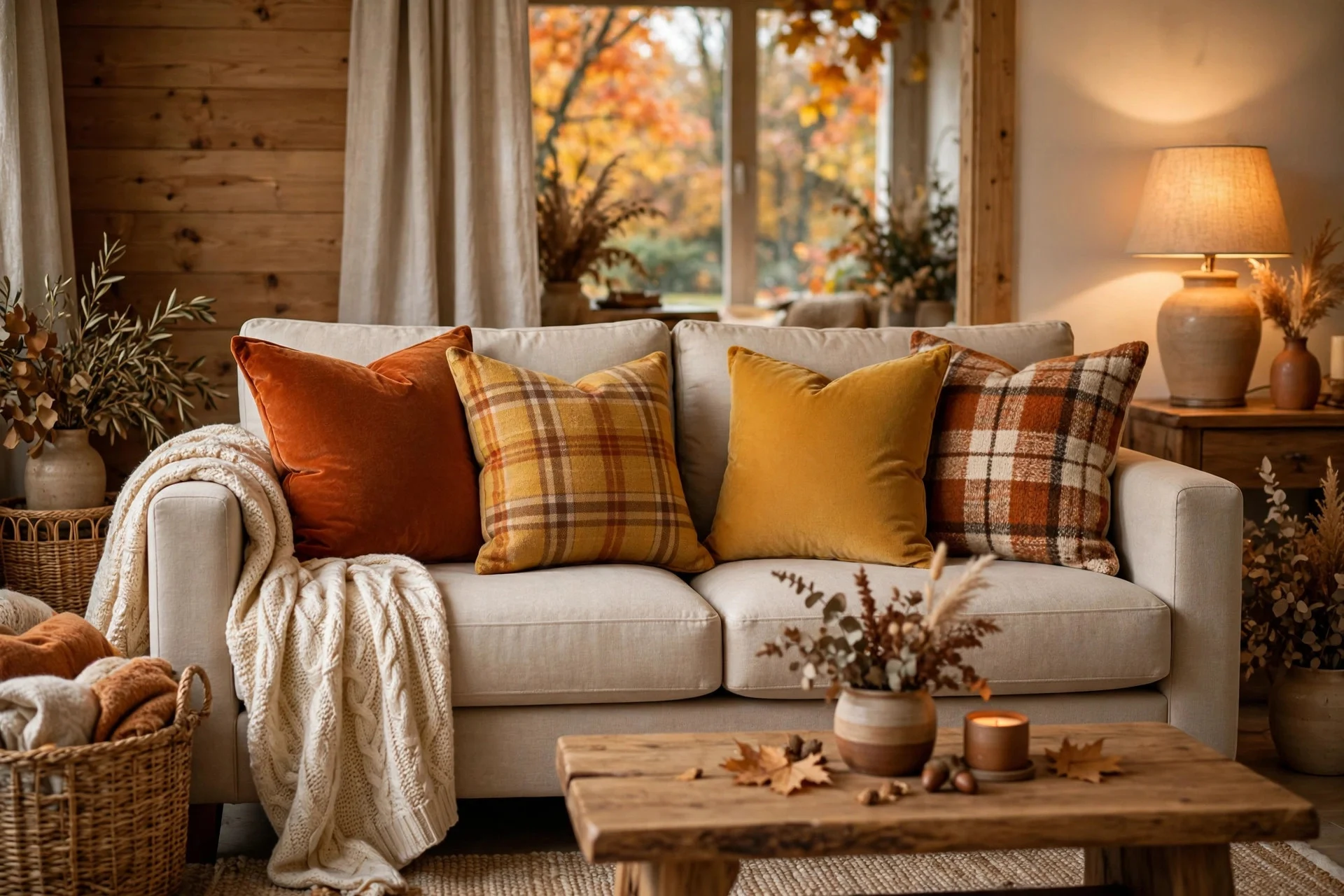 Beige sofa styled with burnt orange, mustard and plaid fall throw pillows