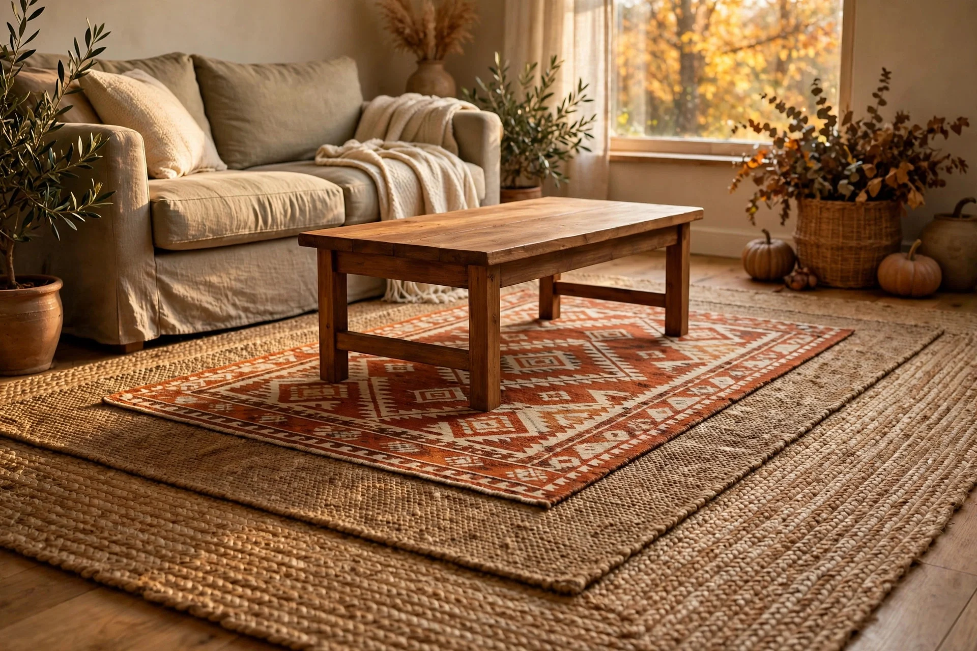Layered jute and patterned rugs under a wooden living room coffee table