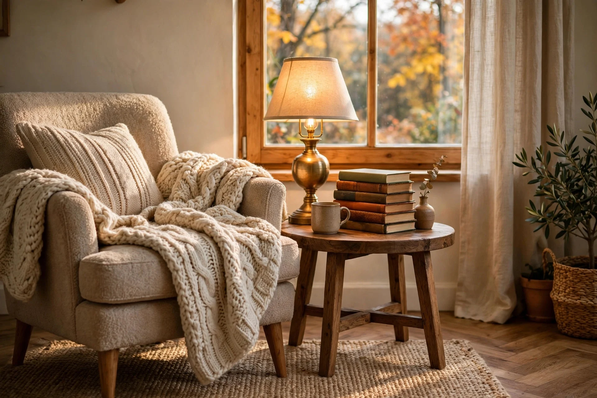 Armchair with knit blanket beside a lit table lamp and stacked books