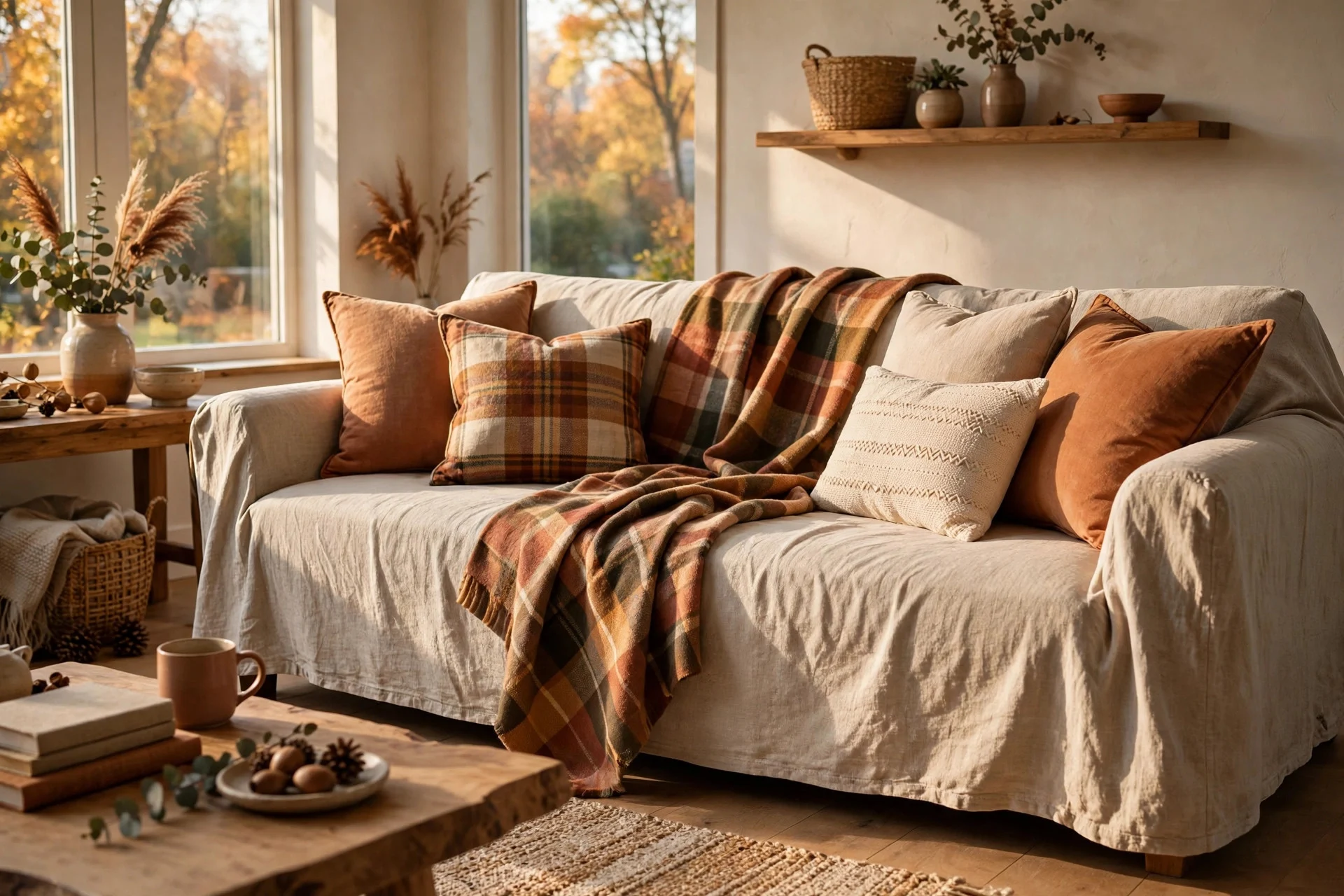 Neutral linen slipcover with plaid throw refreshing a living room sofa