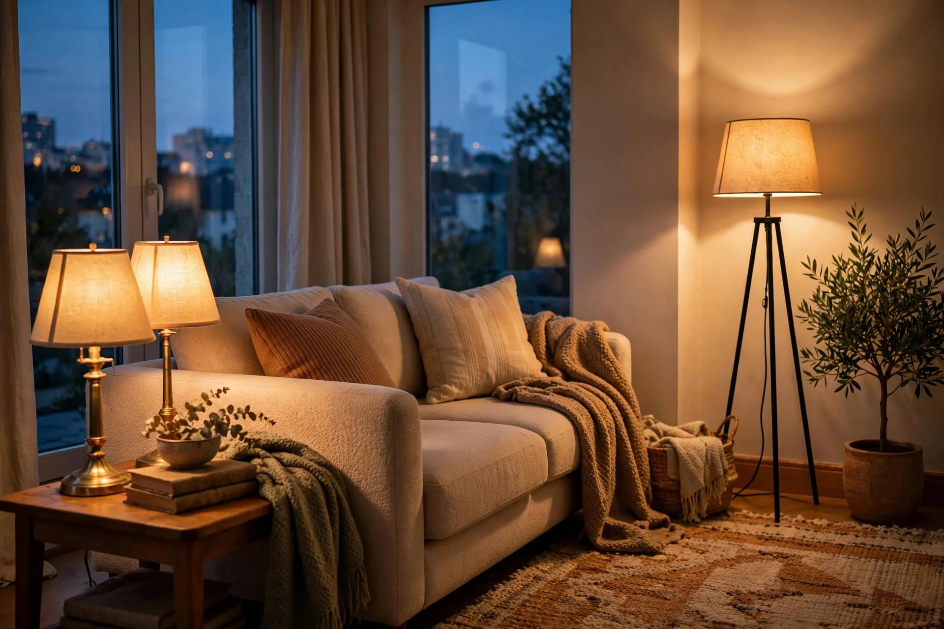 Warm glowing table lamps creating golden light in an evening living room