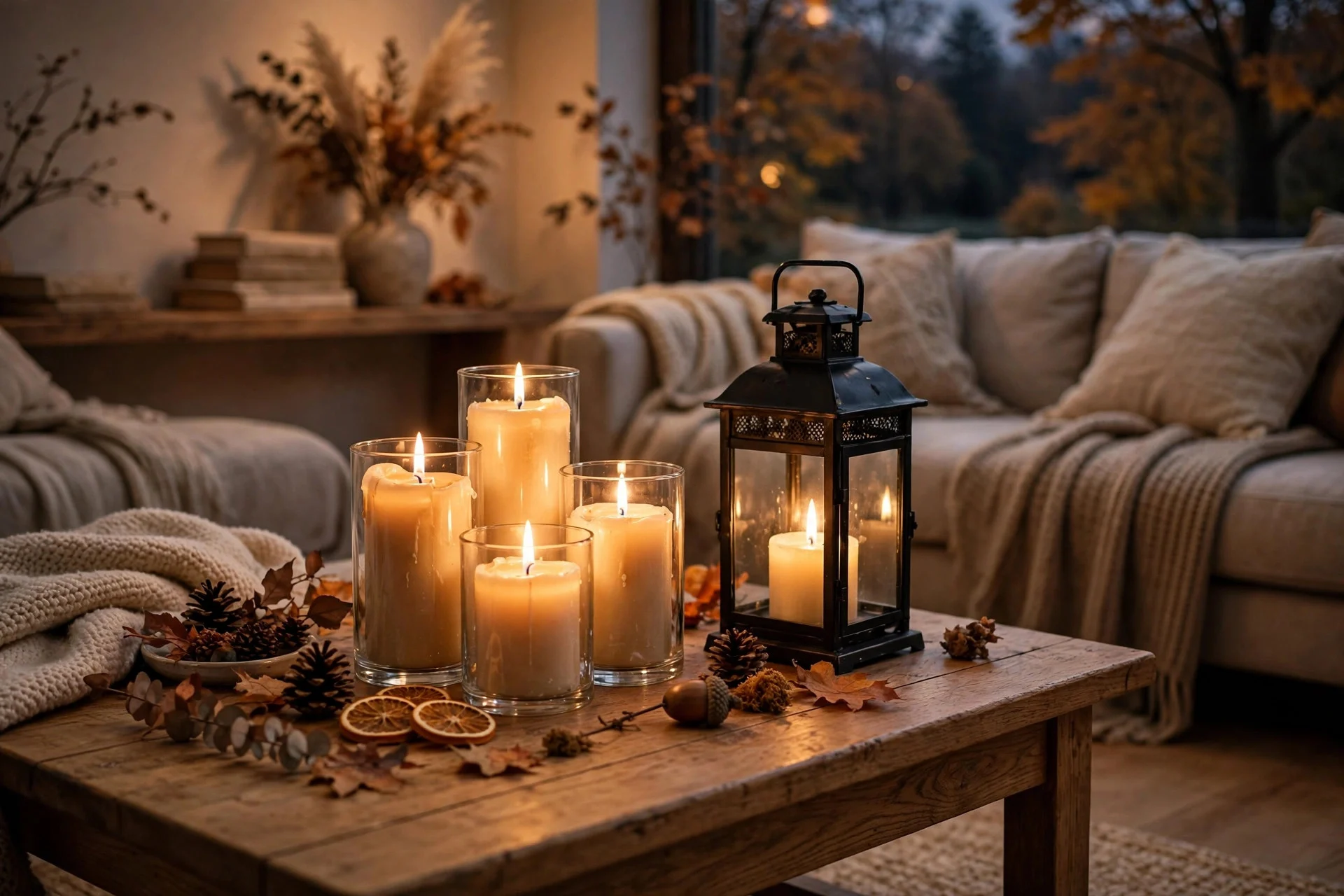 Pillar candles and a black lantern lit on a living room coffee table