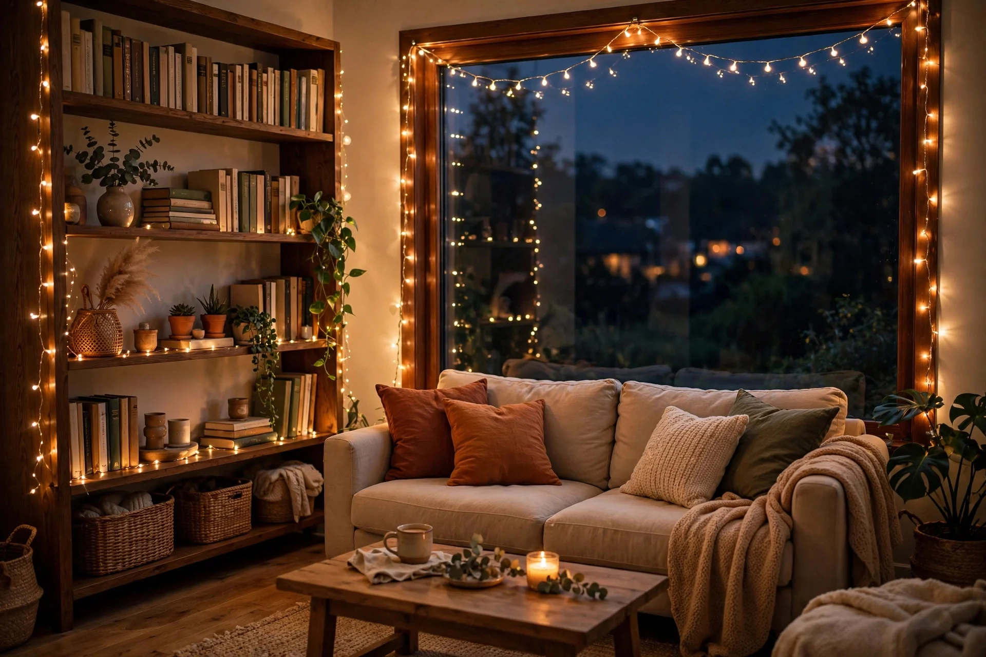 Warm string lights draped along a living room bookshelf at night