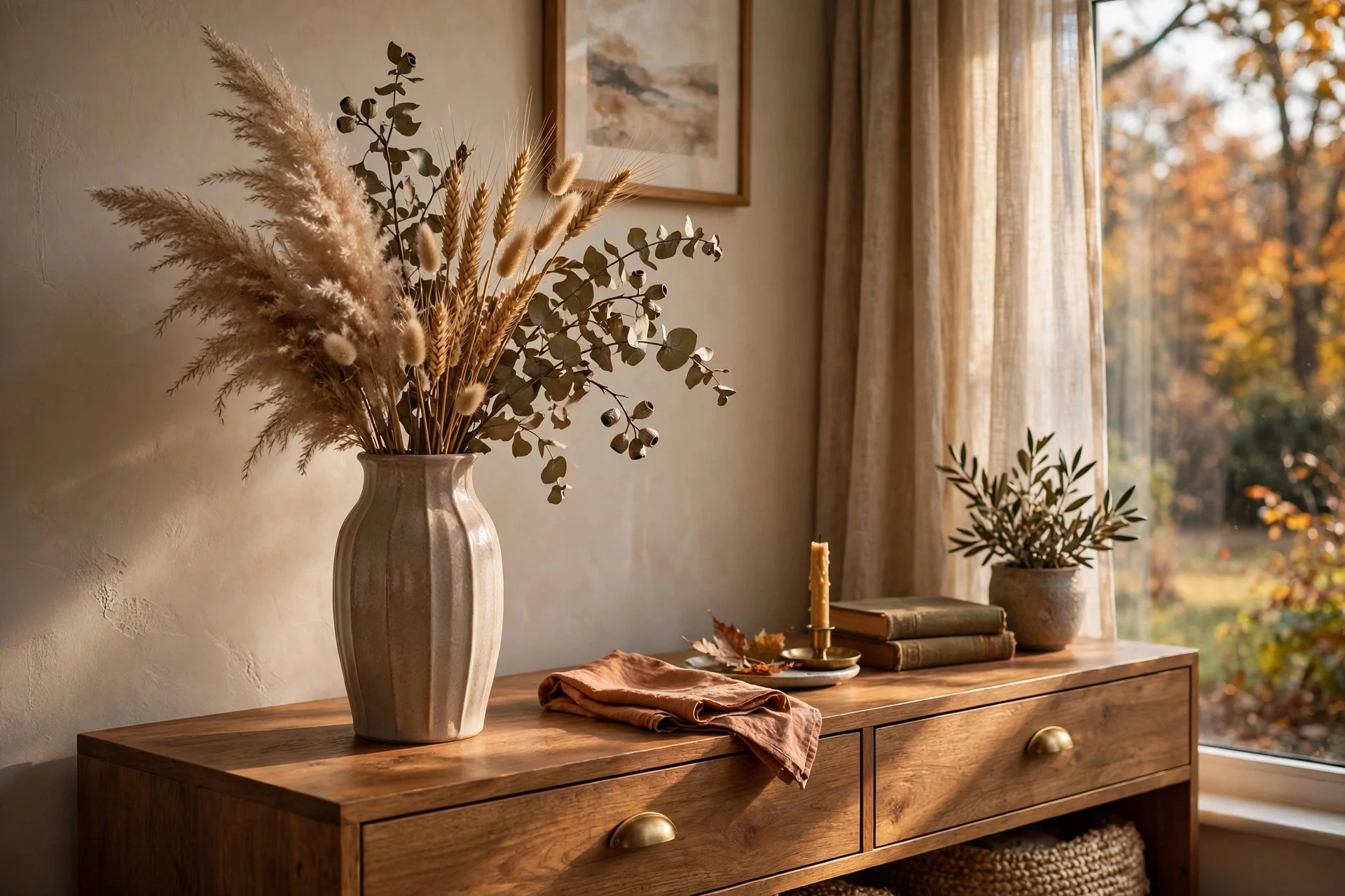 Tall vase of dried pampas grass and wheat on a living room sideboard