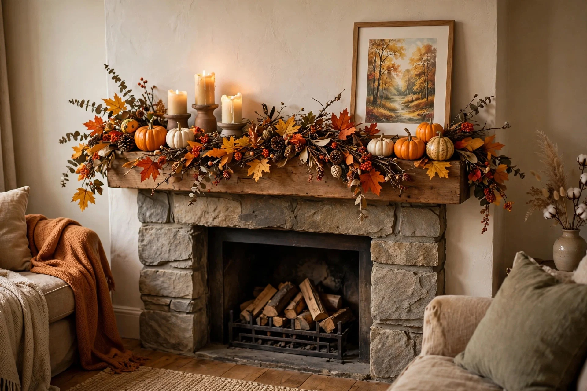 Fall mantel styled with garland, pumpkins, candles and framed print