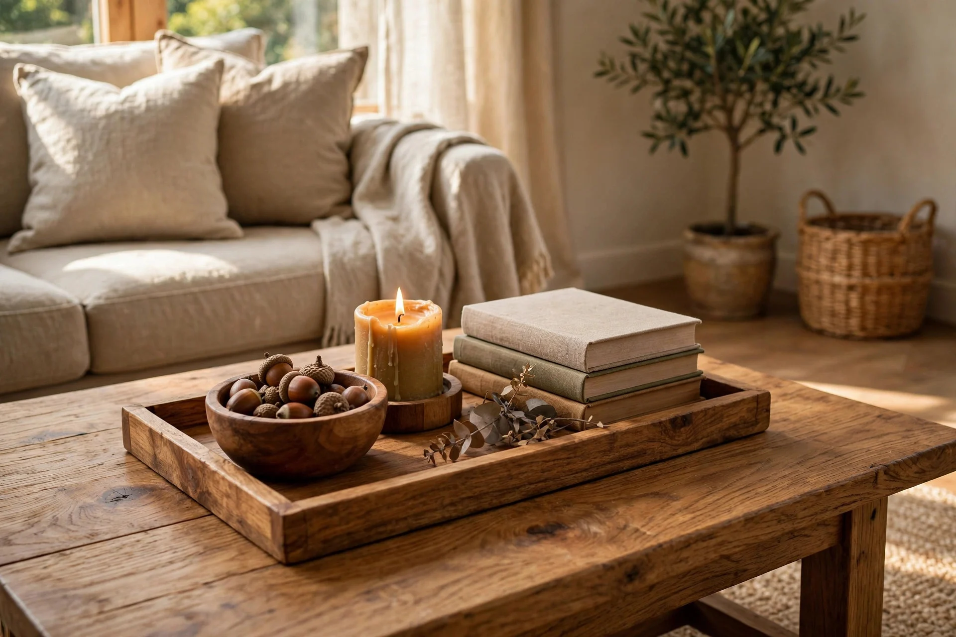 Wooden tray, bowl and candle styled on a living room coffee table
