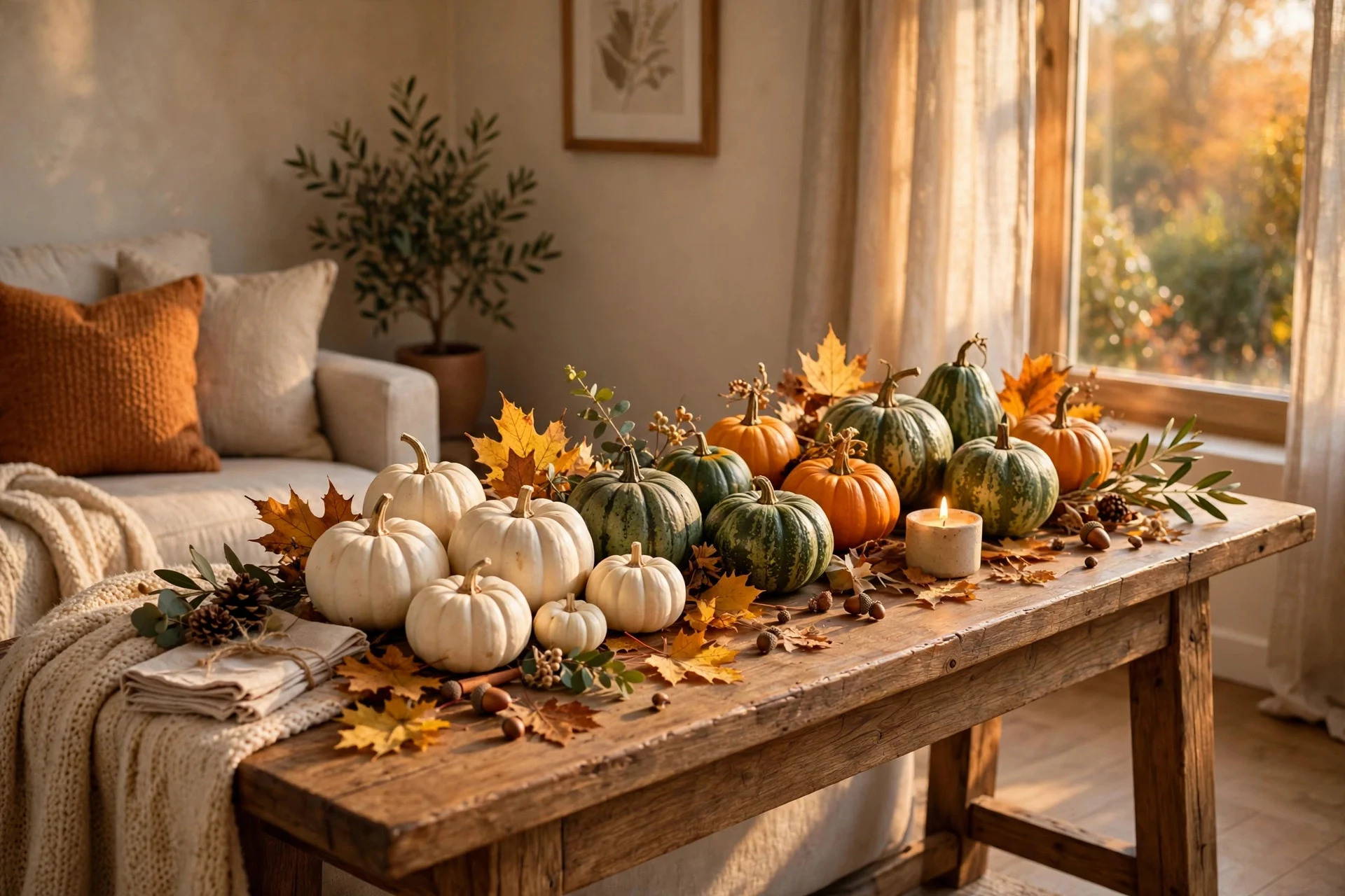 Mini pumpkins and gourds arranged on a console table with fall leaves