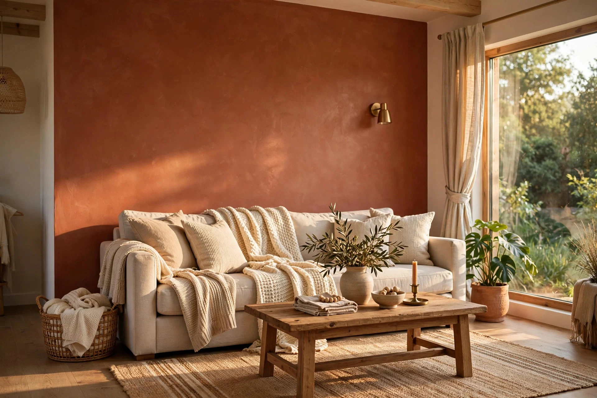 Living room accent wall painted warm terracotta behind a neutral sofa