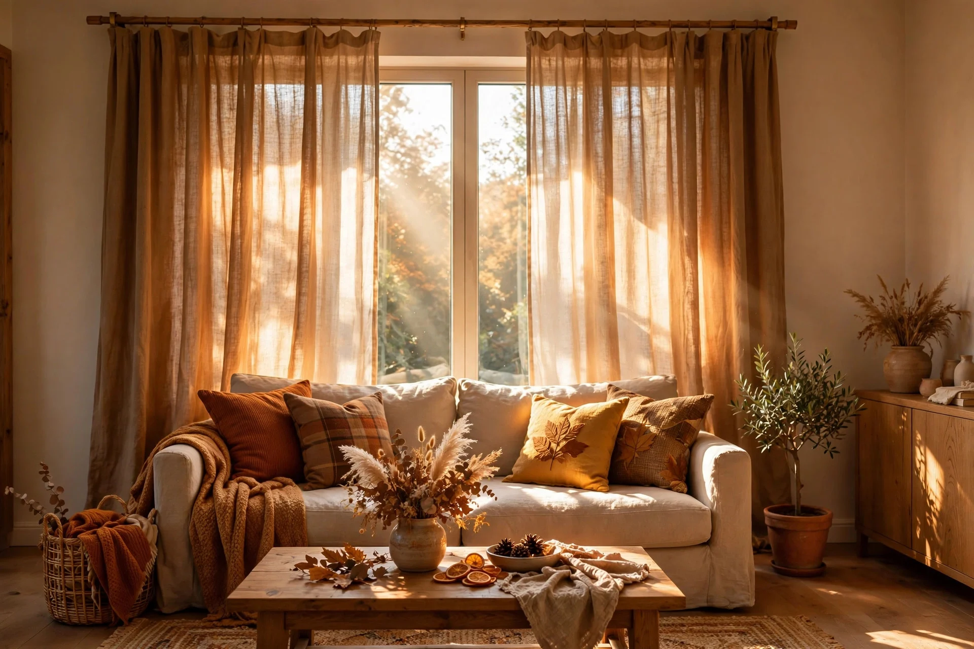 Caramel linen curtains glowing in sunlight over a fall-styled sofa