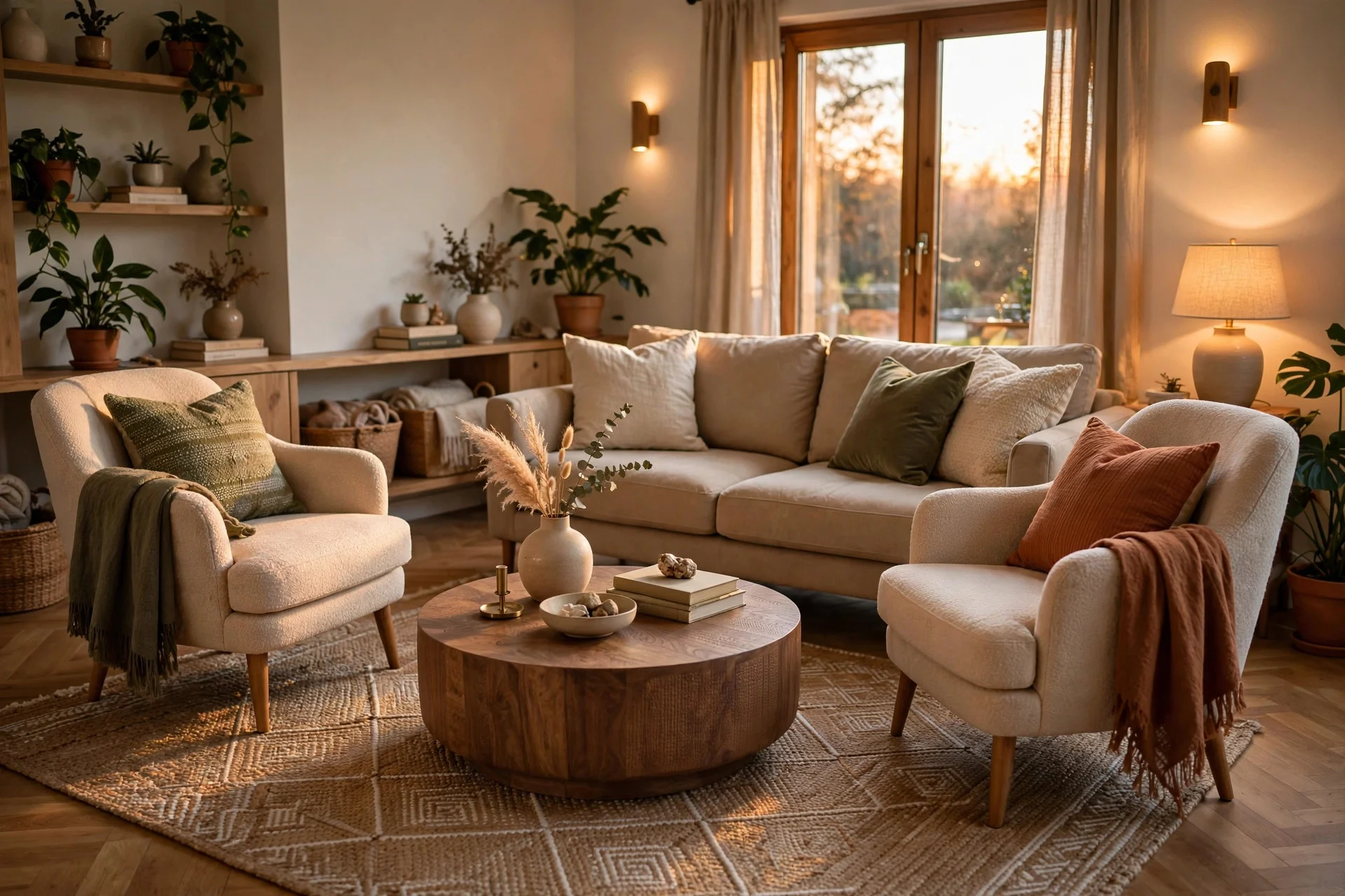 Armchairs and sofa arranged around a coffee table for conversation
