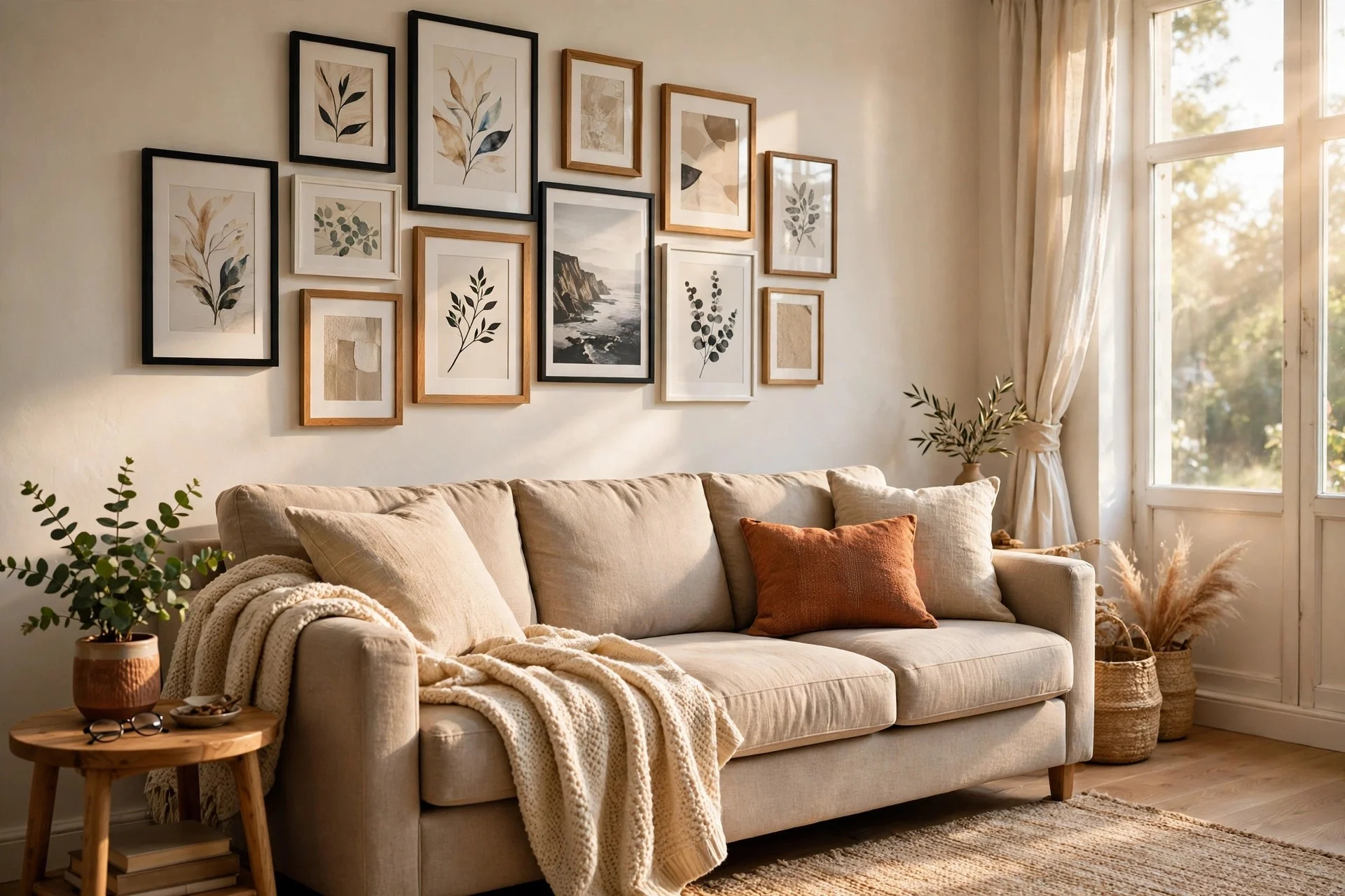 White living room with beige sofa and leaning frames on a wood picture ledge