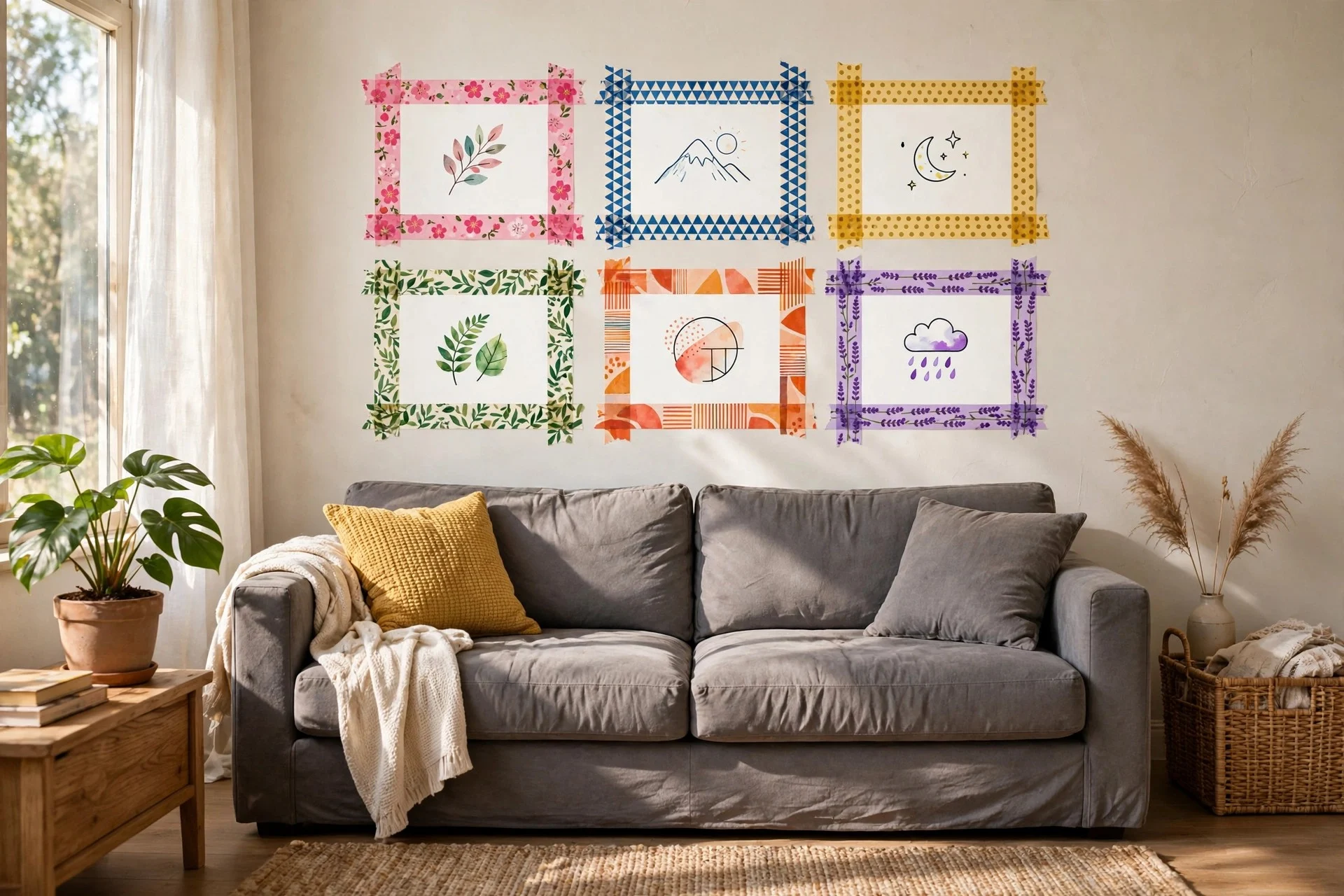 Gray sofa with colorful washi tape frames forming a gallery wall
