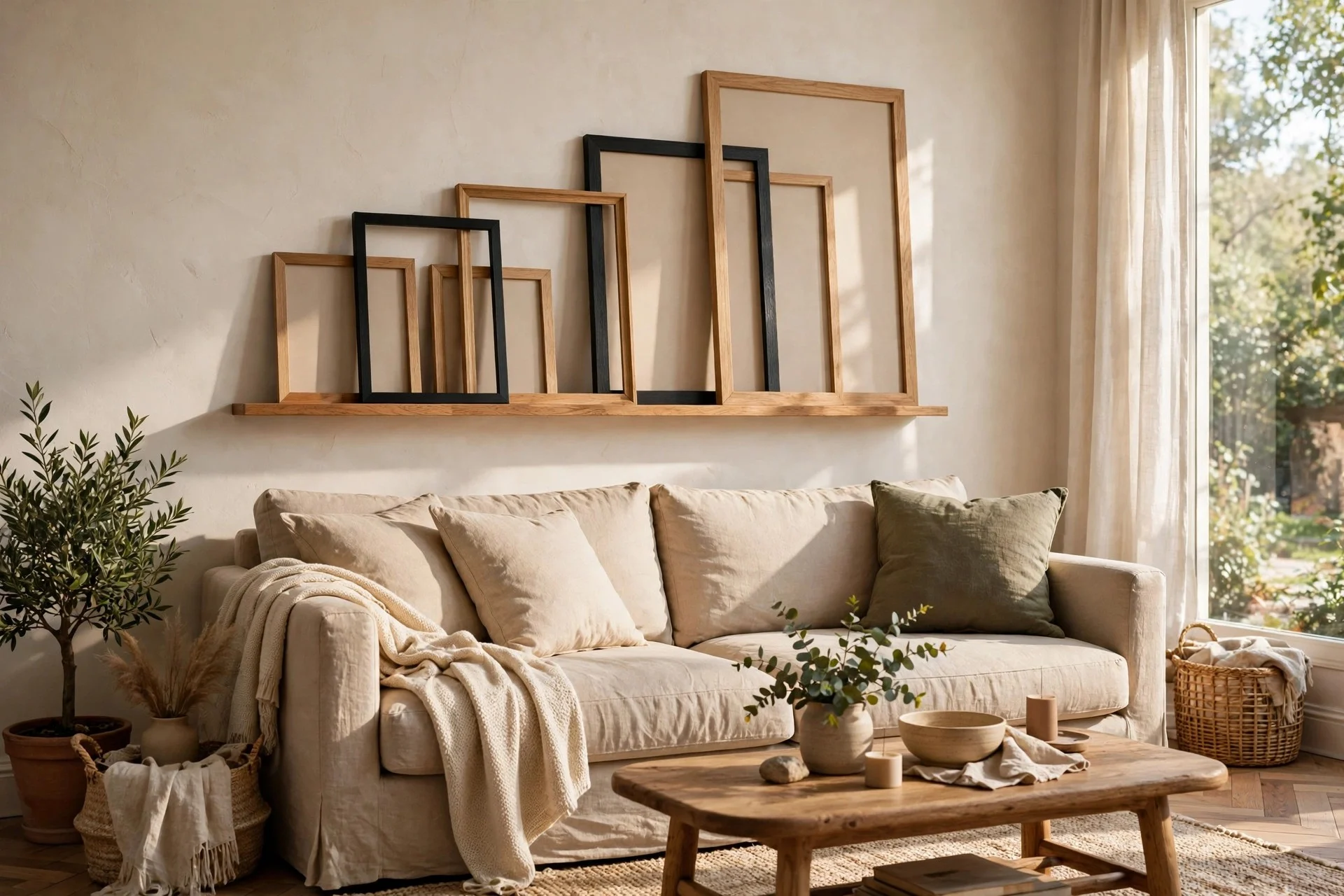 Black sofa with nine black framed monochrome photographs in a tight grid