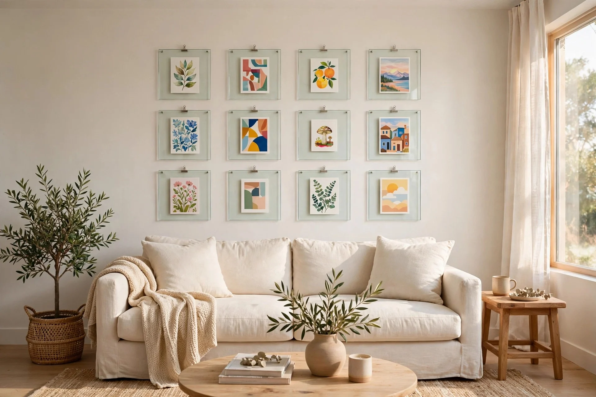 Beige sofa with thrifted gold and white mismatched frames in organic cluster