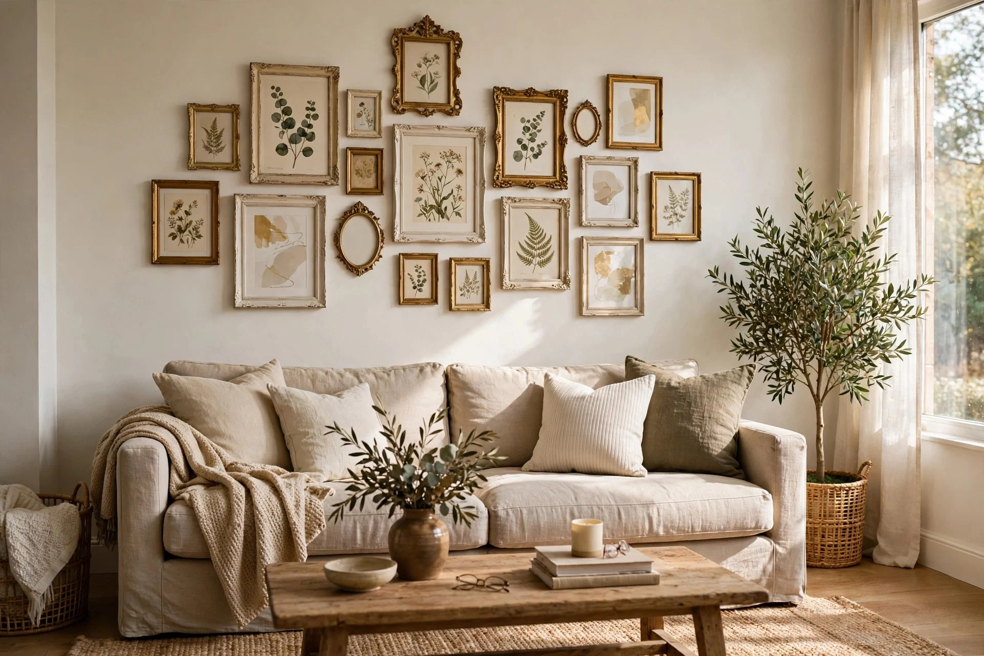 Cream sofa with small glass clip frames holding colorful postcards in a grid