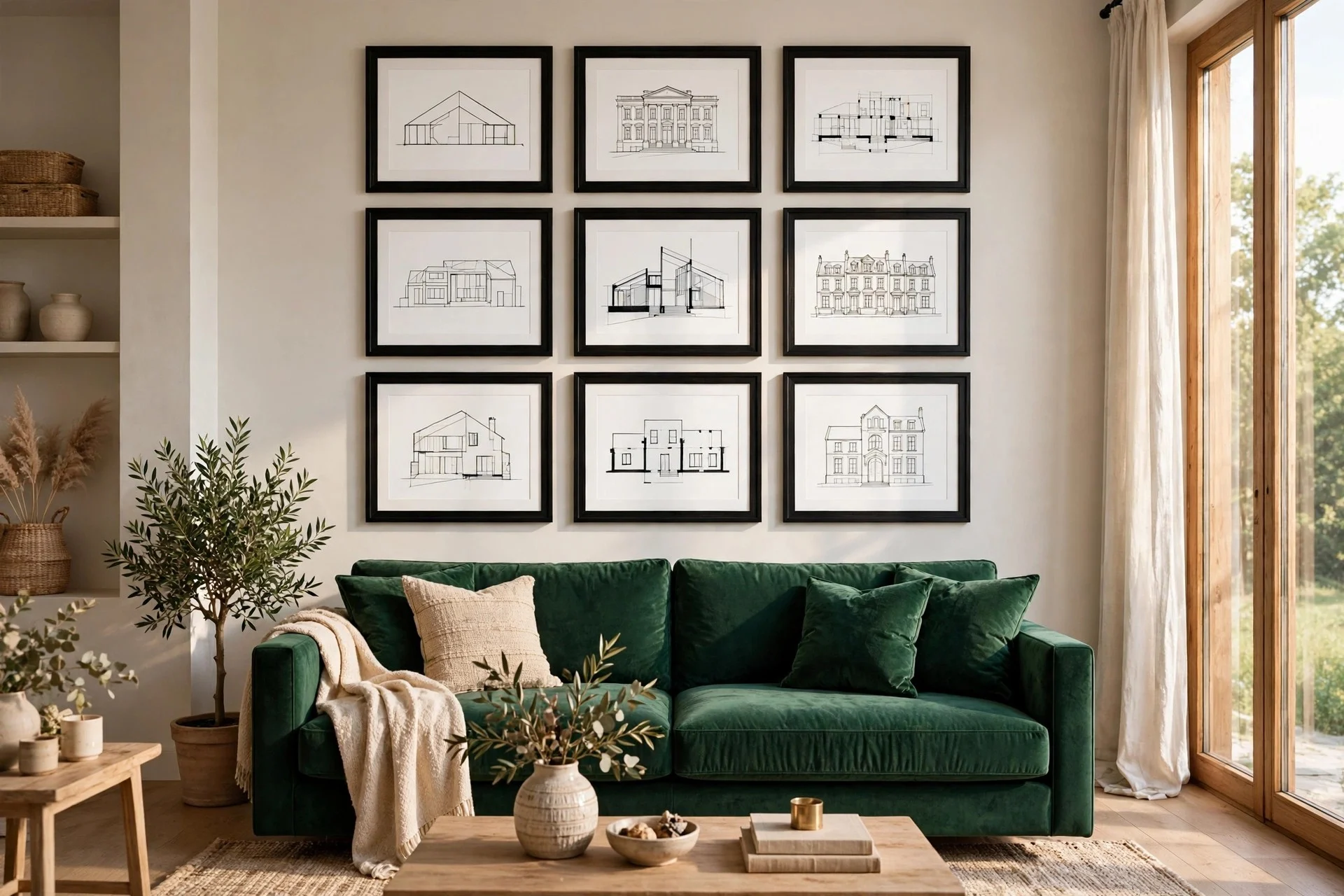 Emerald green sofa with symmetrical nine black framed prints in a grid