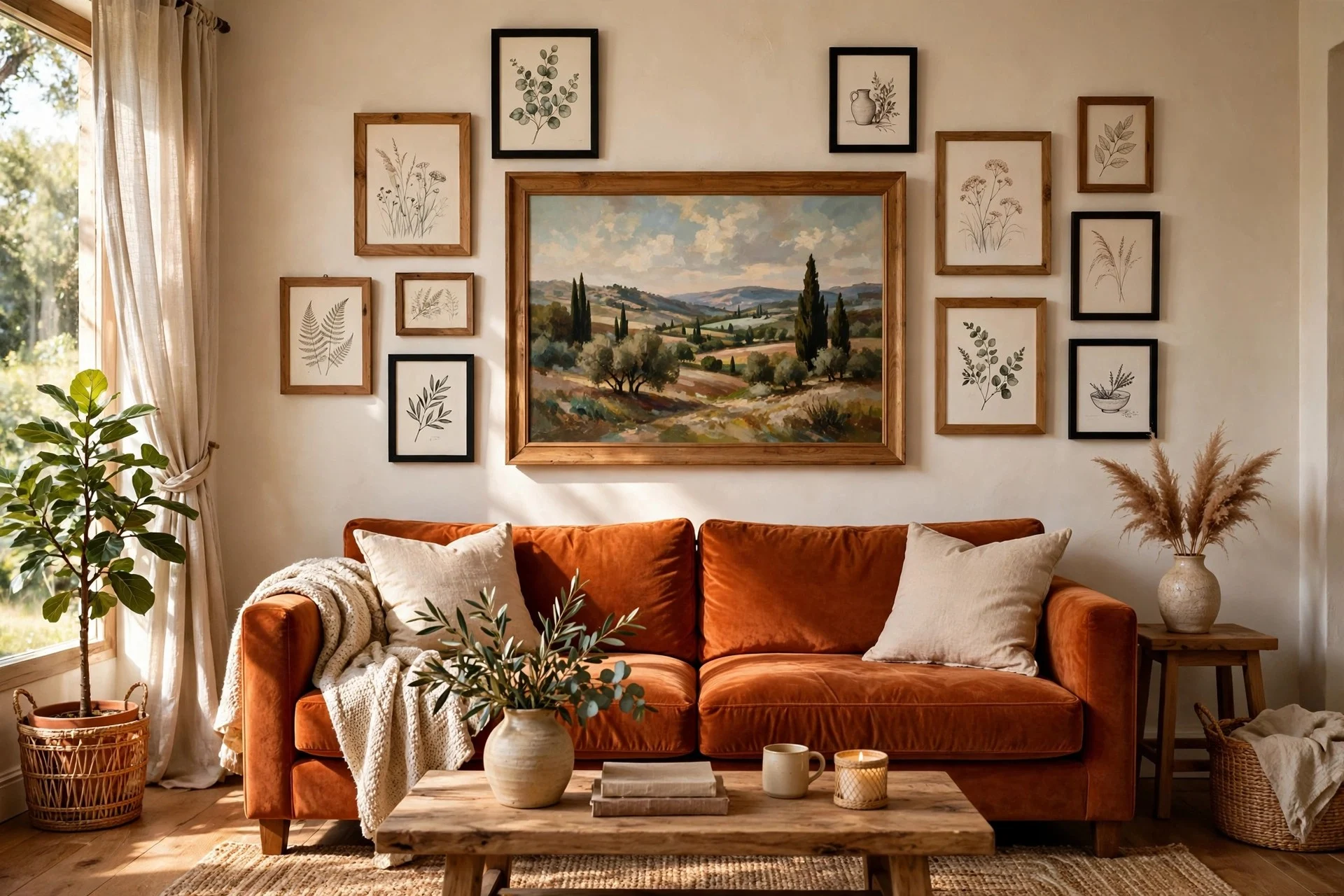 Rust colored sofa with salon style art cluster around a large central painting