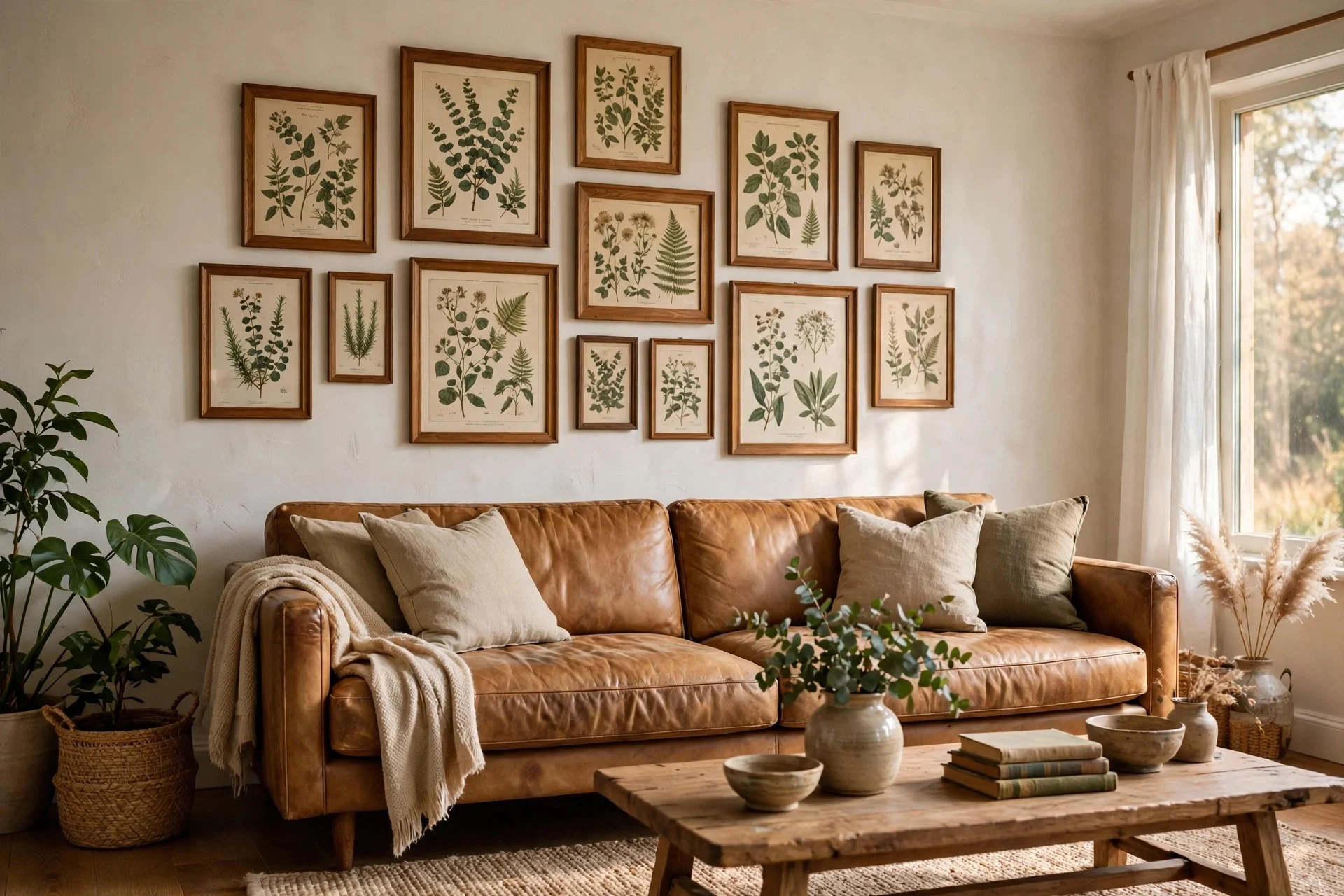 Ivory sofa with thin black frames and wide white mats in a row