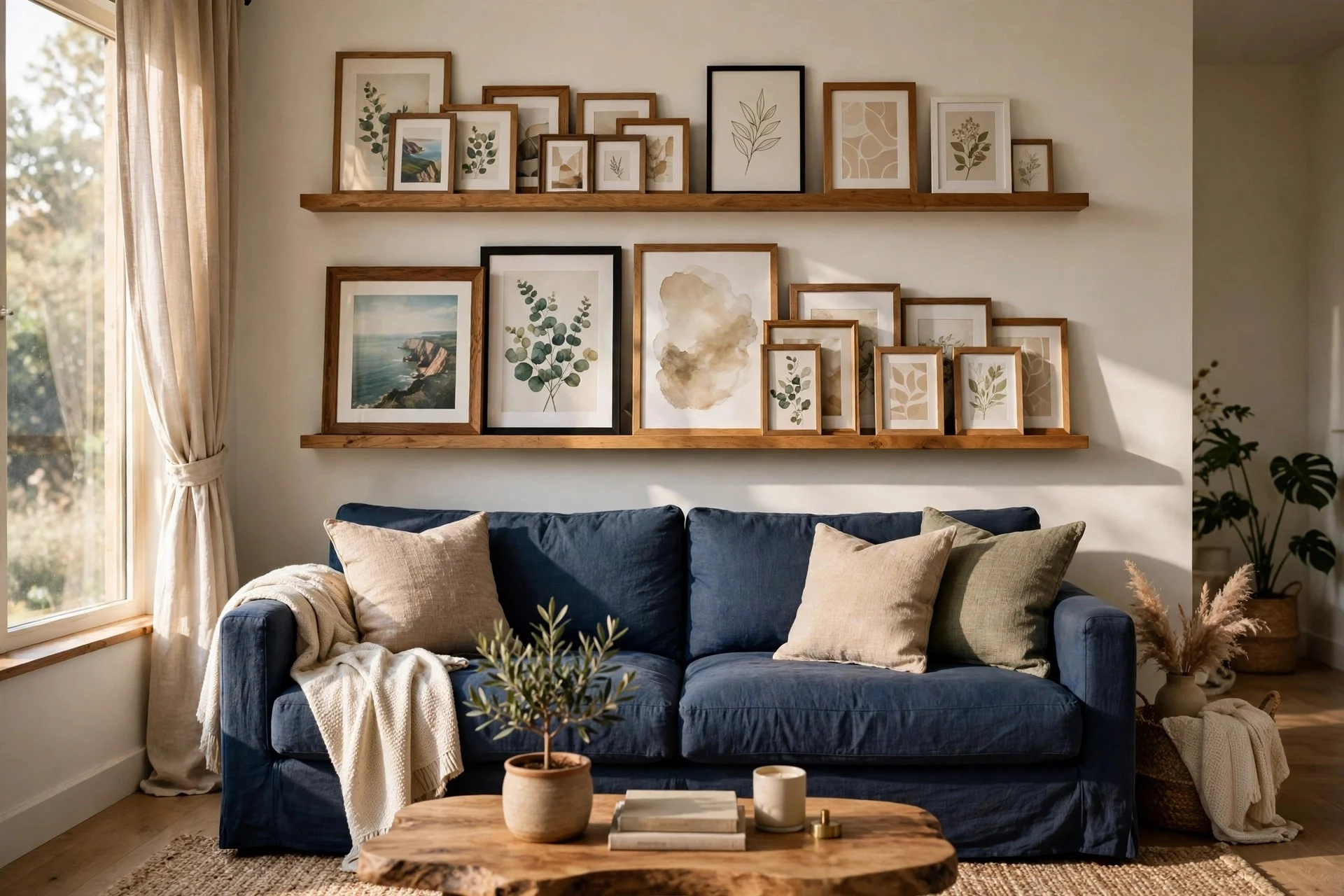 Navy blue sofa with two wooden picture ledges holding layered framed art